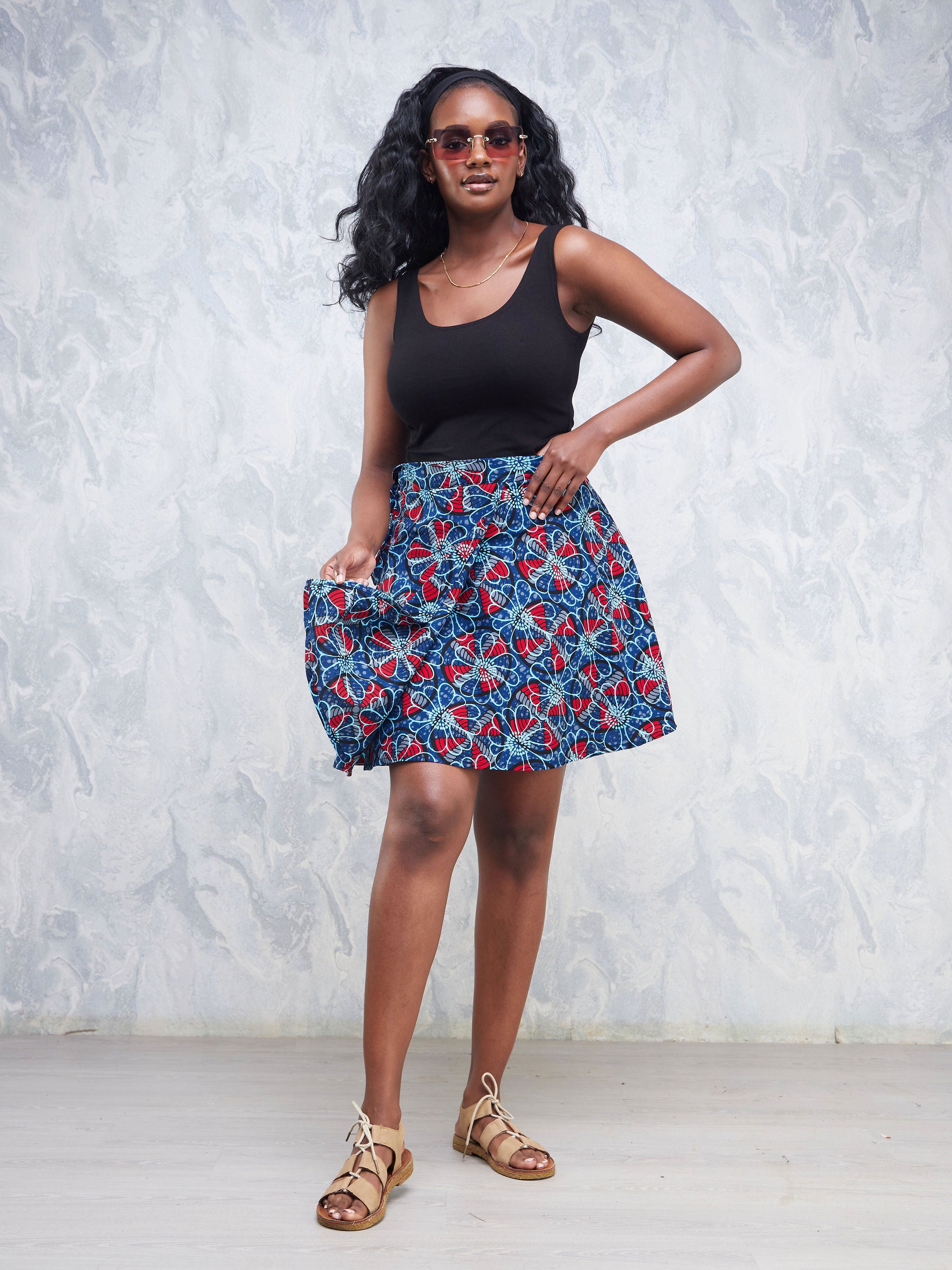 Nimali Mini A-Line Skirt - Red / Blue Ankara Print