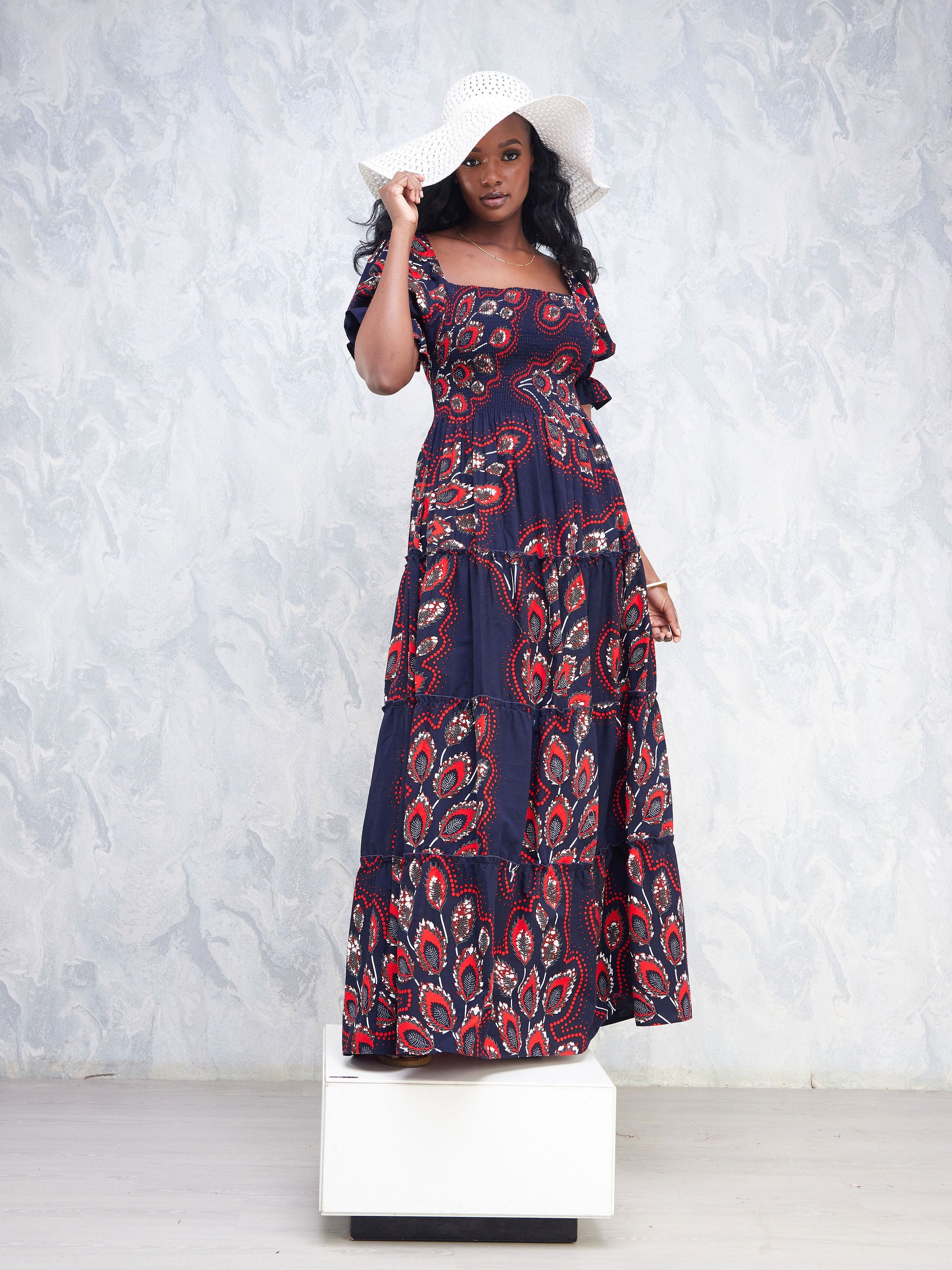 Safari Nimali Bustier Maxi Dress - Navy Blue / Red Ankara Print