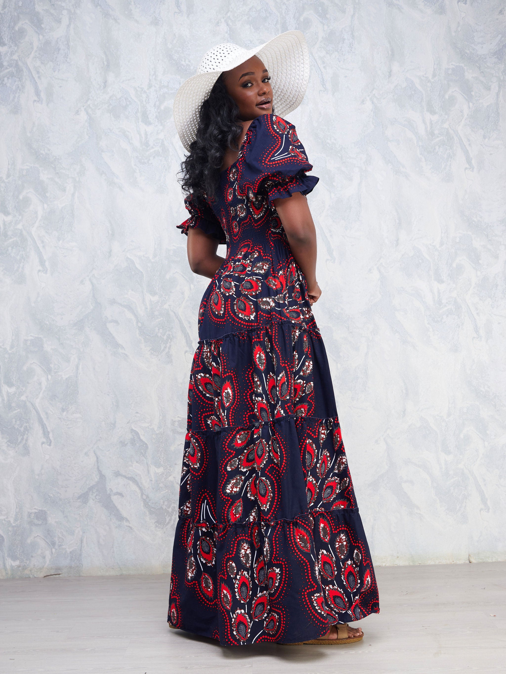 Safari Nimali Bustier Maxi Dress - Navy Blue / Red Ankara Print