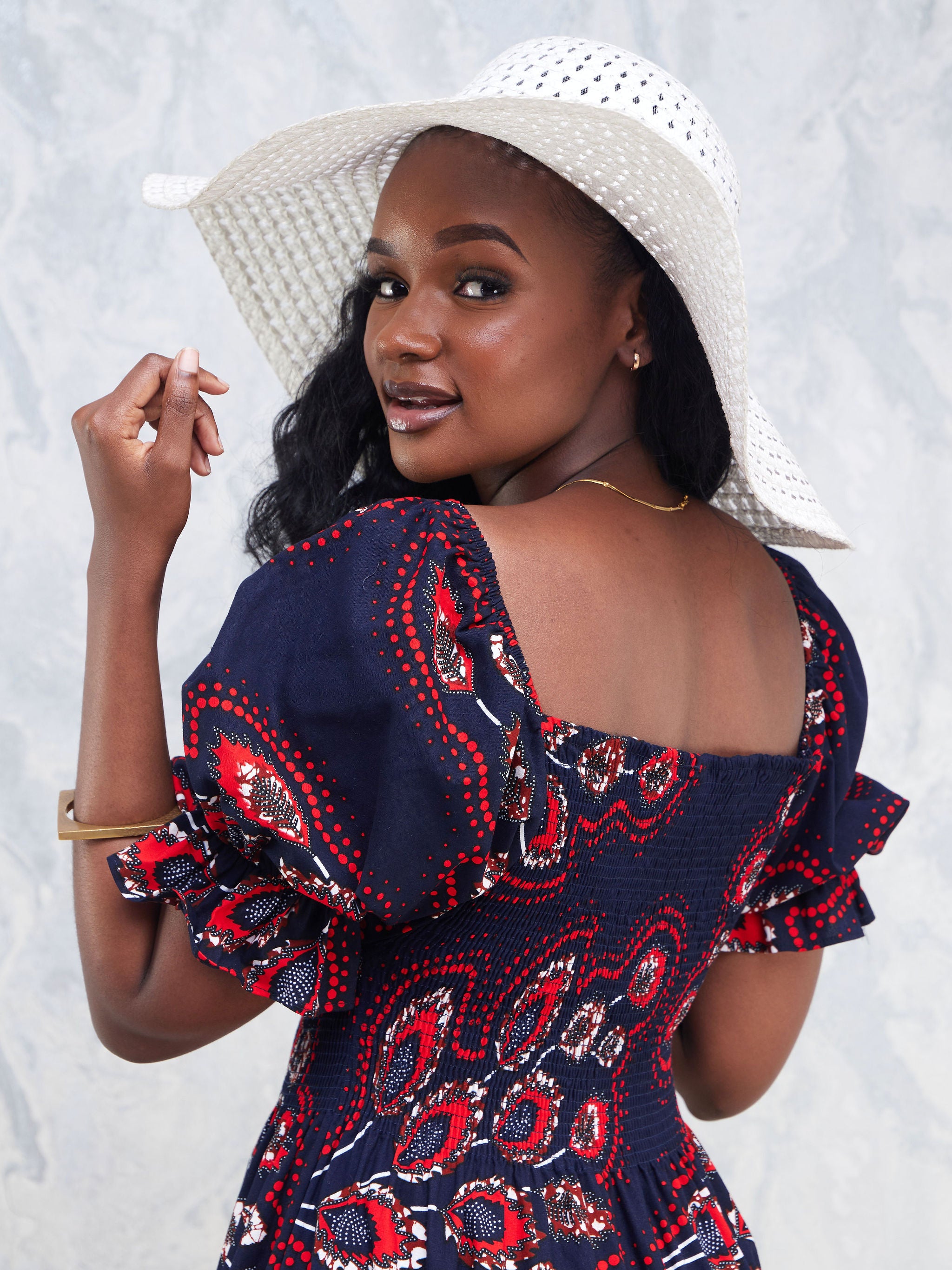 Safari Nimali Bustier Maxi Dress - Navy Blue / Red Ankara Print