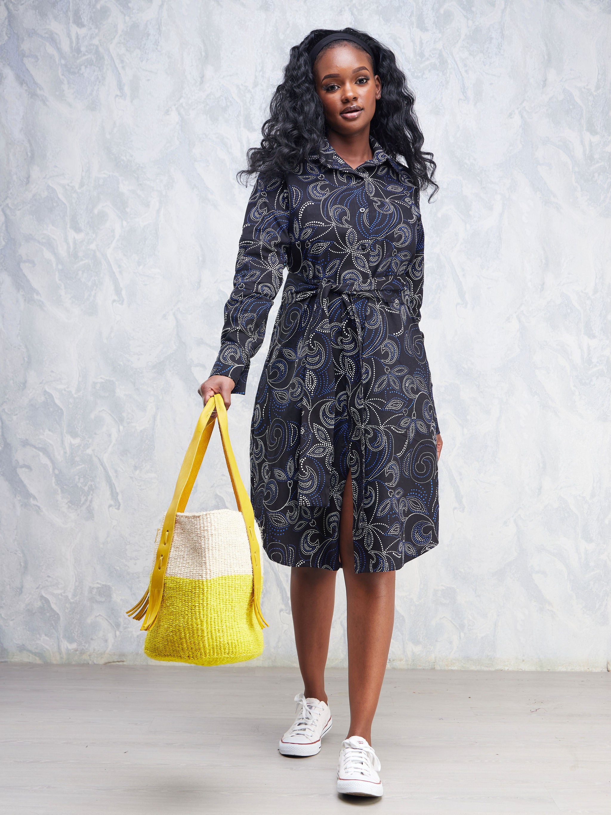 Nimali Long Sleeve Shirt Dress - Navy Blue / Black Ankara Print