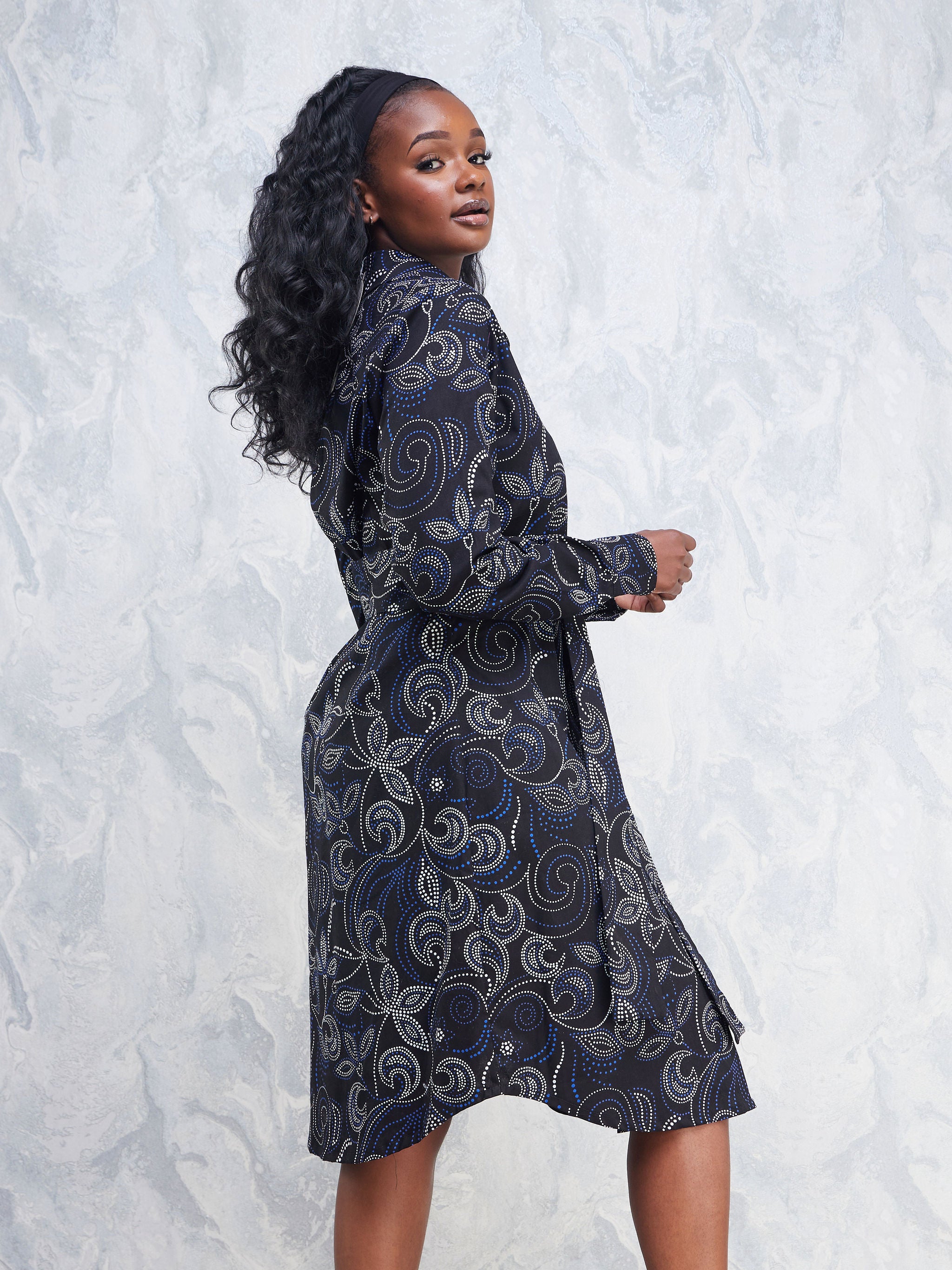 Nimali Long Sleeve Shirt Dress - Navy Blue / Black Ankara Print