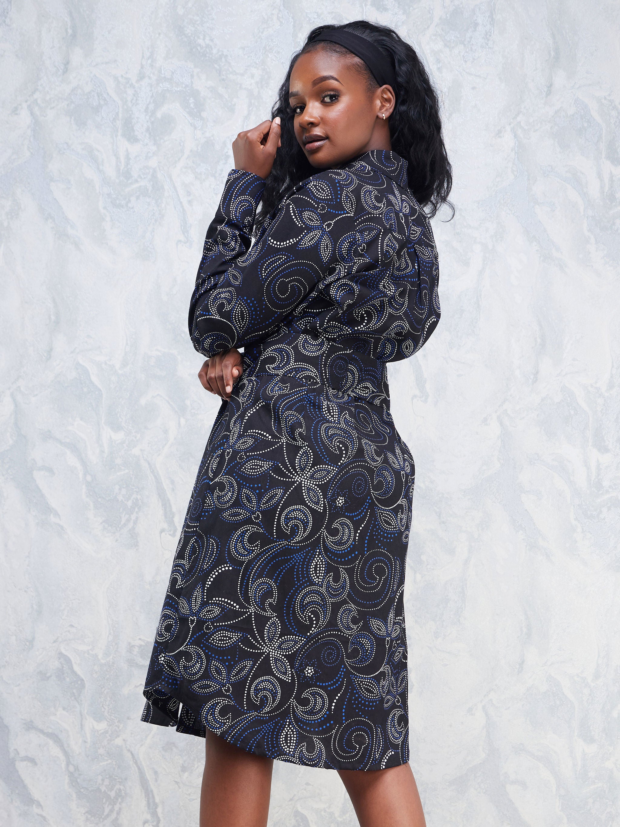 Nimali Long Sleeve Shirt Dress - Navy Blue / Black Ankara Print