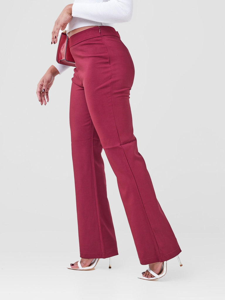 Anika Boot-Cut Dress Pants With Zipper on the Side - Dark Red - Shopzetu