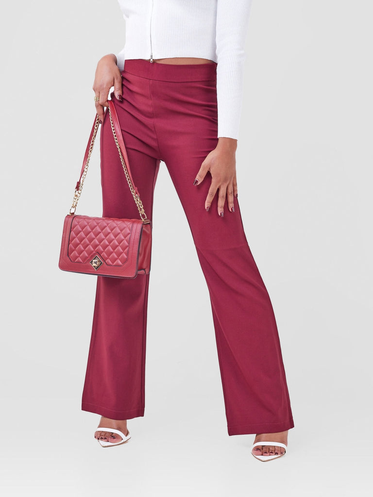 Anika Boot-Cut Dress Pants With Zipper on the Side - Dark Red - Shopzetu