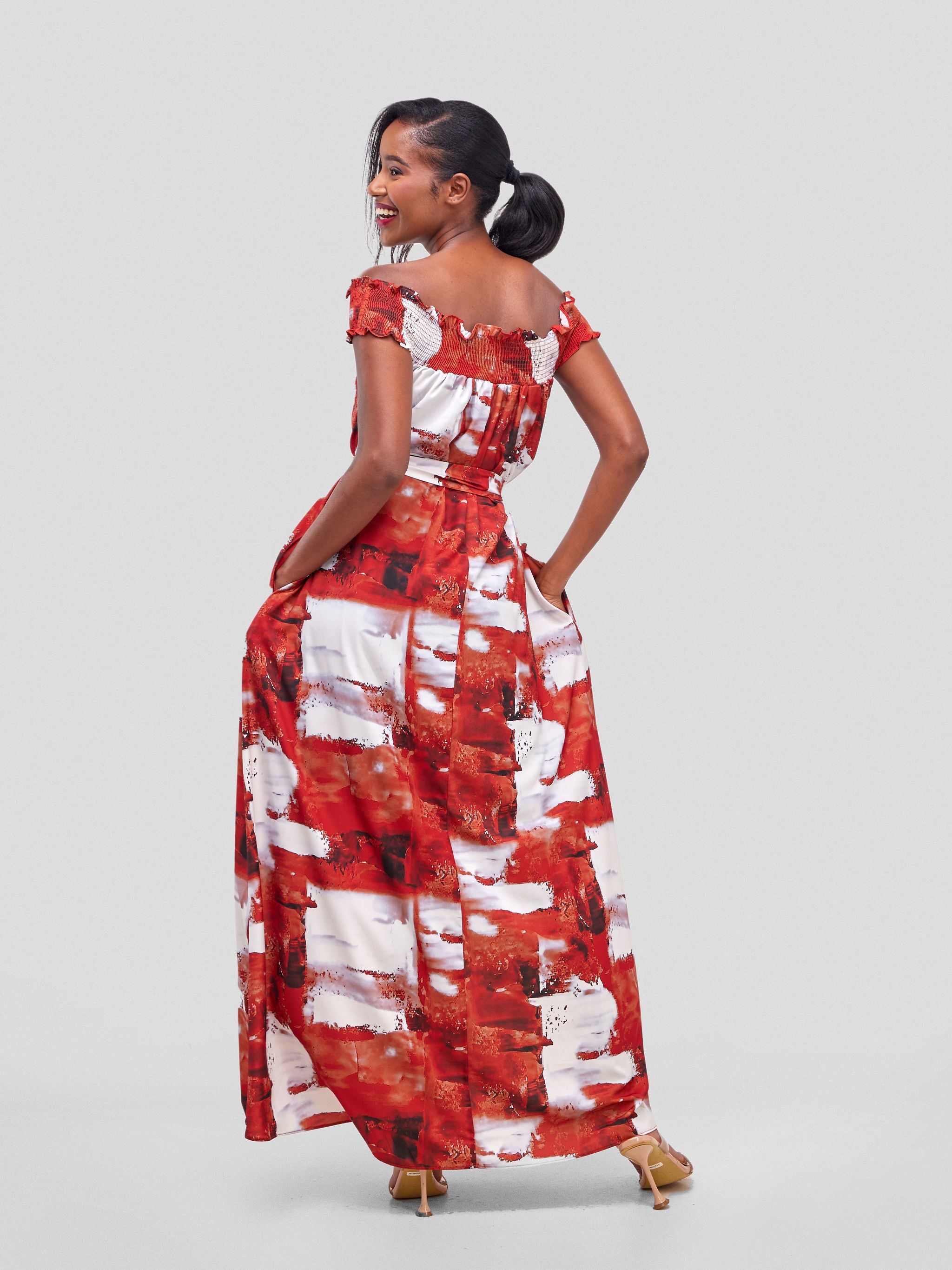 Vivo Alek Off-Shoulder Maxi Dress - Rust / White Print