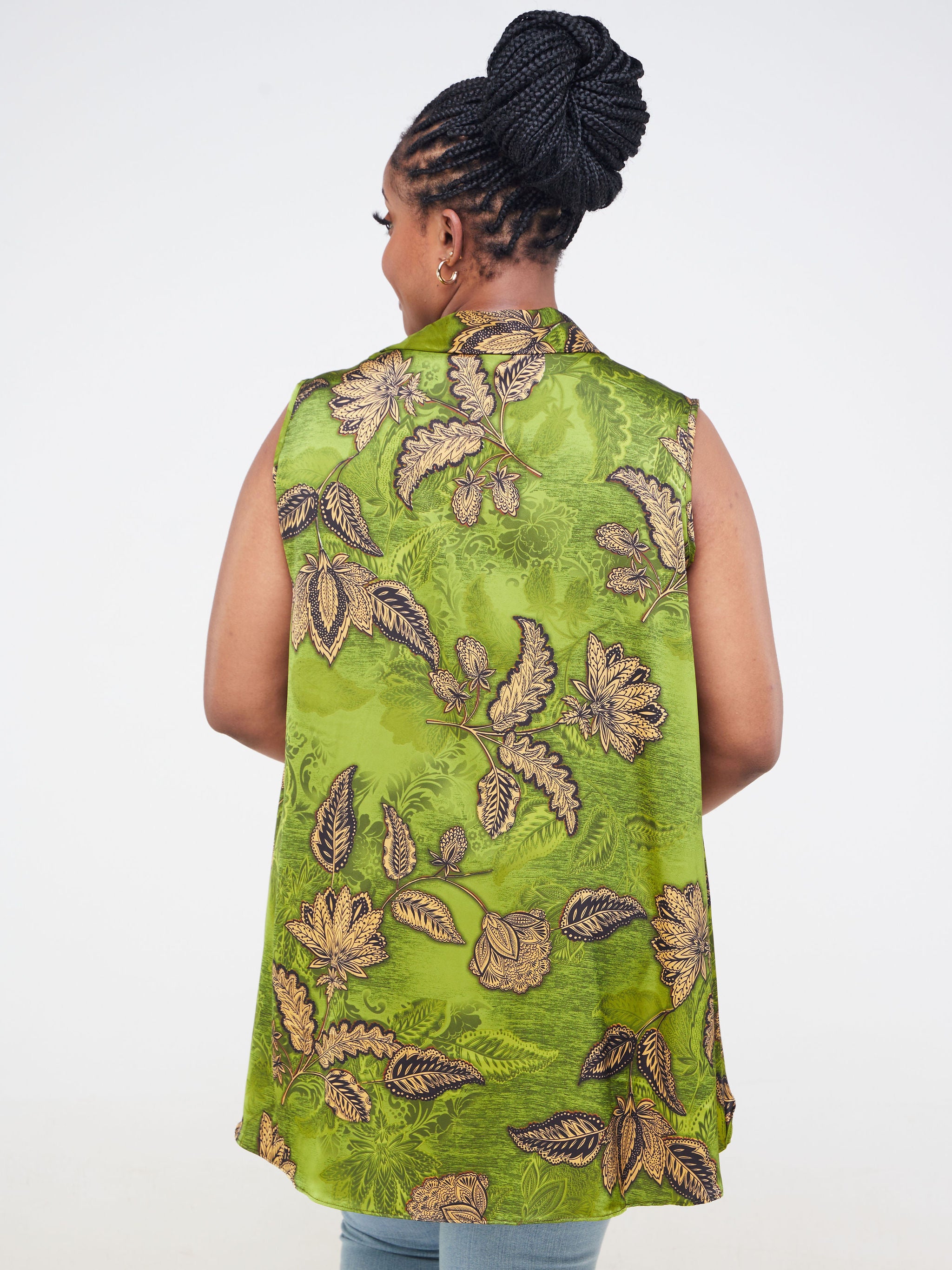Vivo Bissa High Low Sleeveless Top - Green / Taupe Floral Print