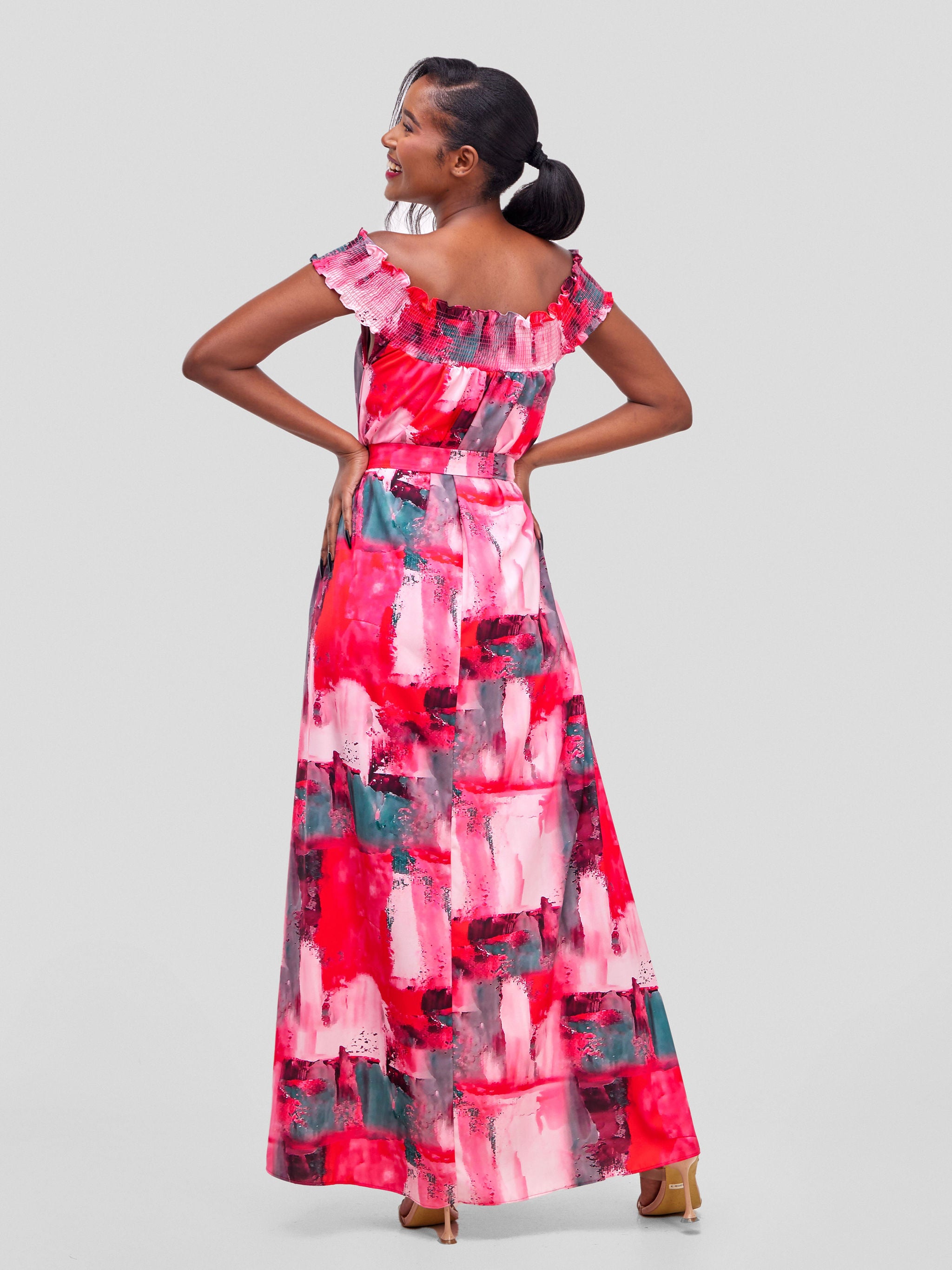 Vivo Alek Off-Shoulder Maxi Dress - Pink / White Print