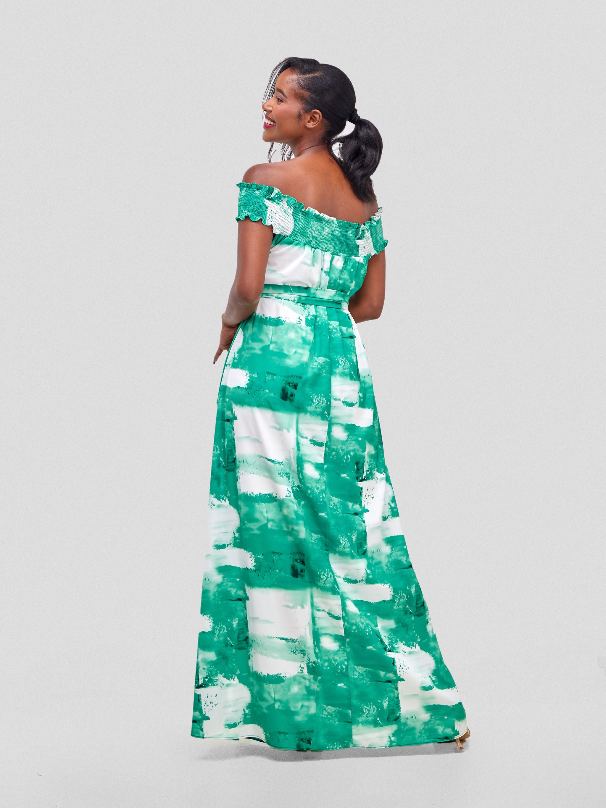 Vivo Alek Off-Shoulder Maxi Dress - Green / White Print