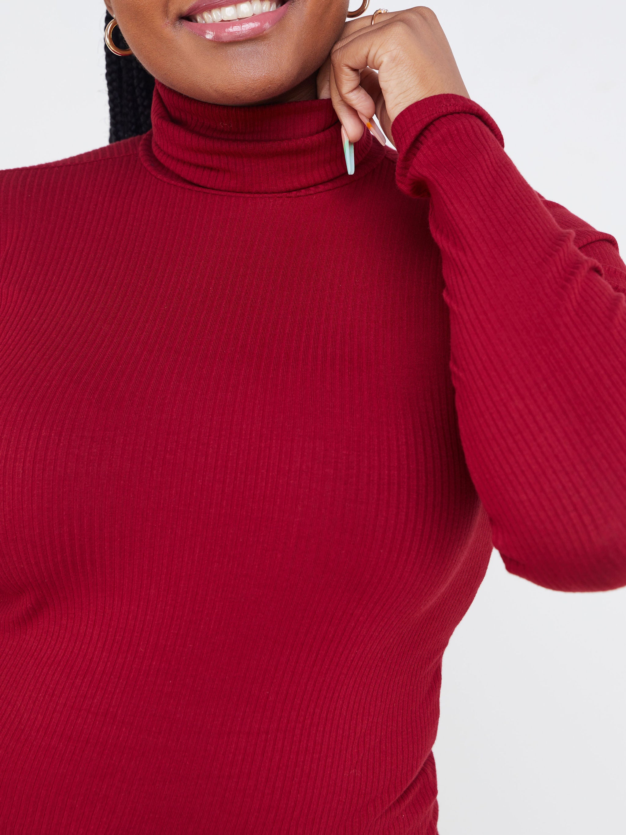 Vivo Basic Ribbed Turtleneck Top - Maroon