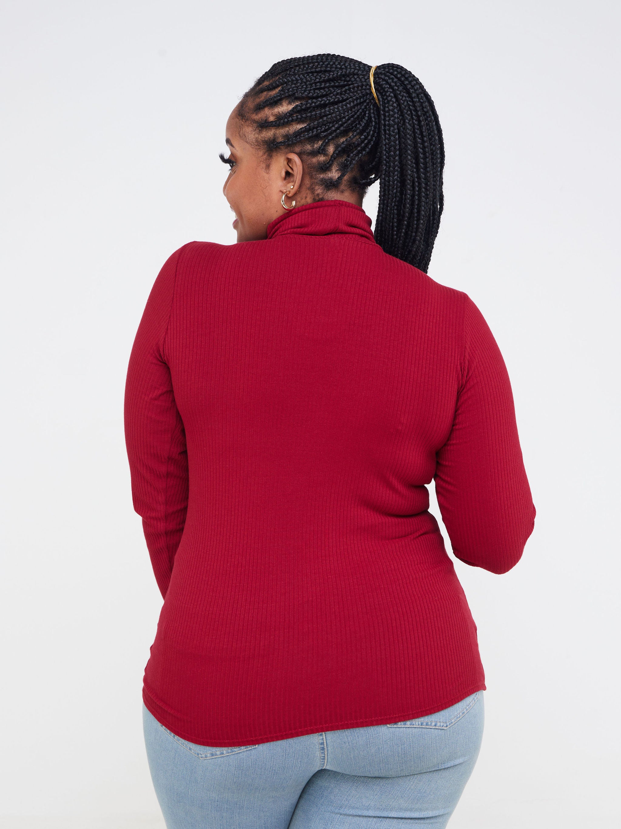 Vivo Basic Ribbed Turtleneck Top - Maroon