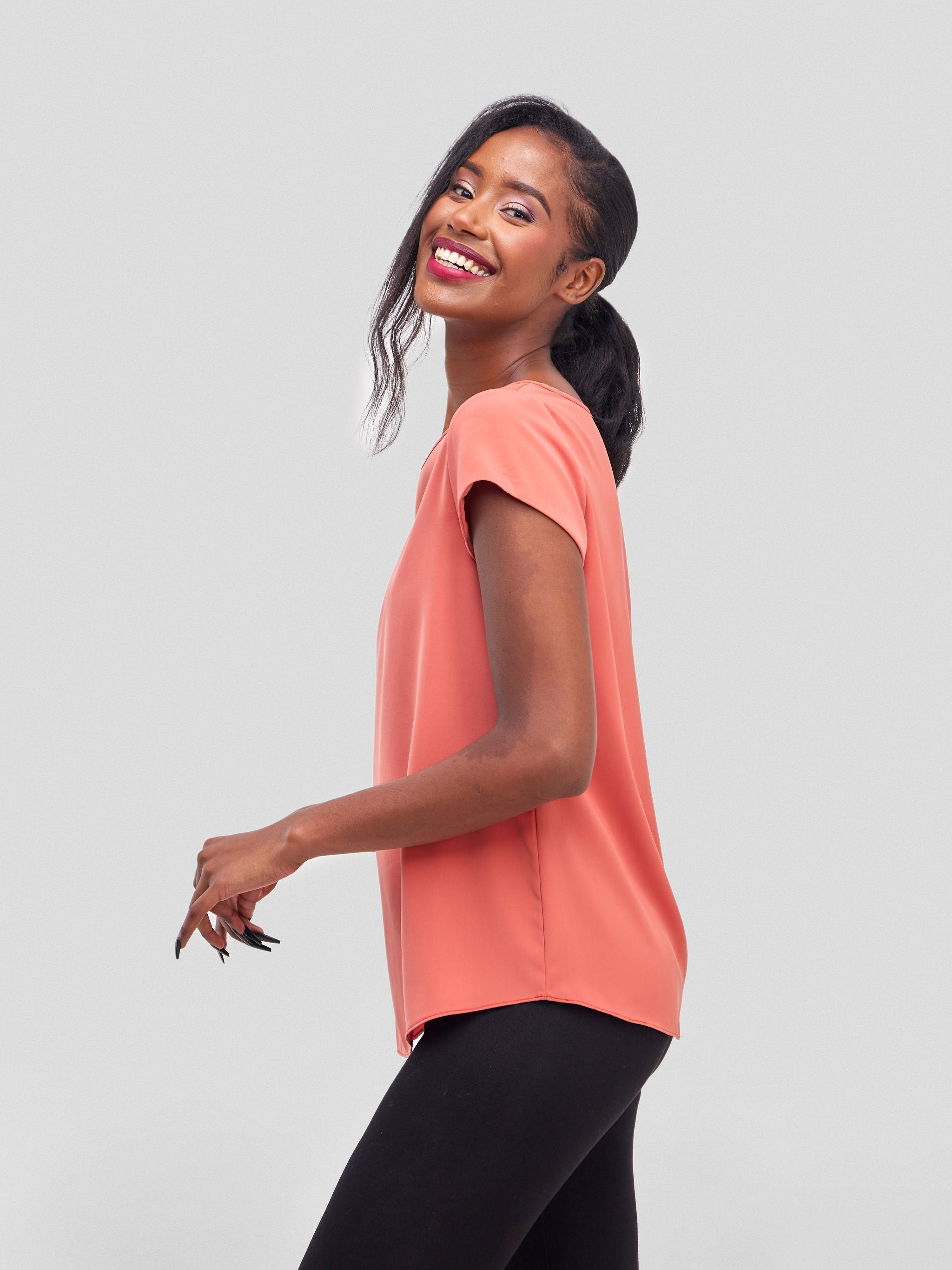 Vivo Basic Crepe Cap Sleeve Top - Coral