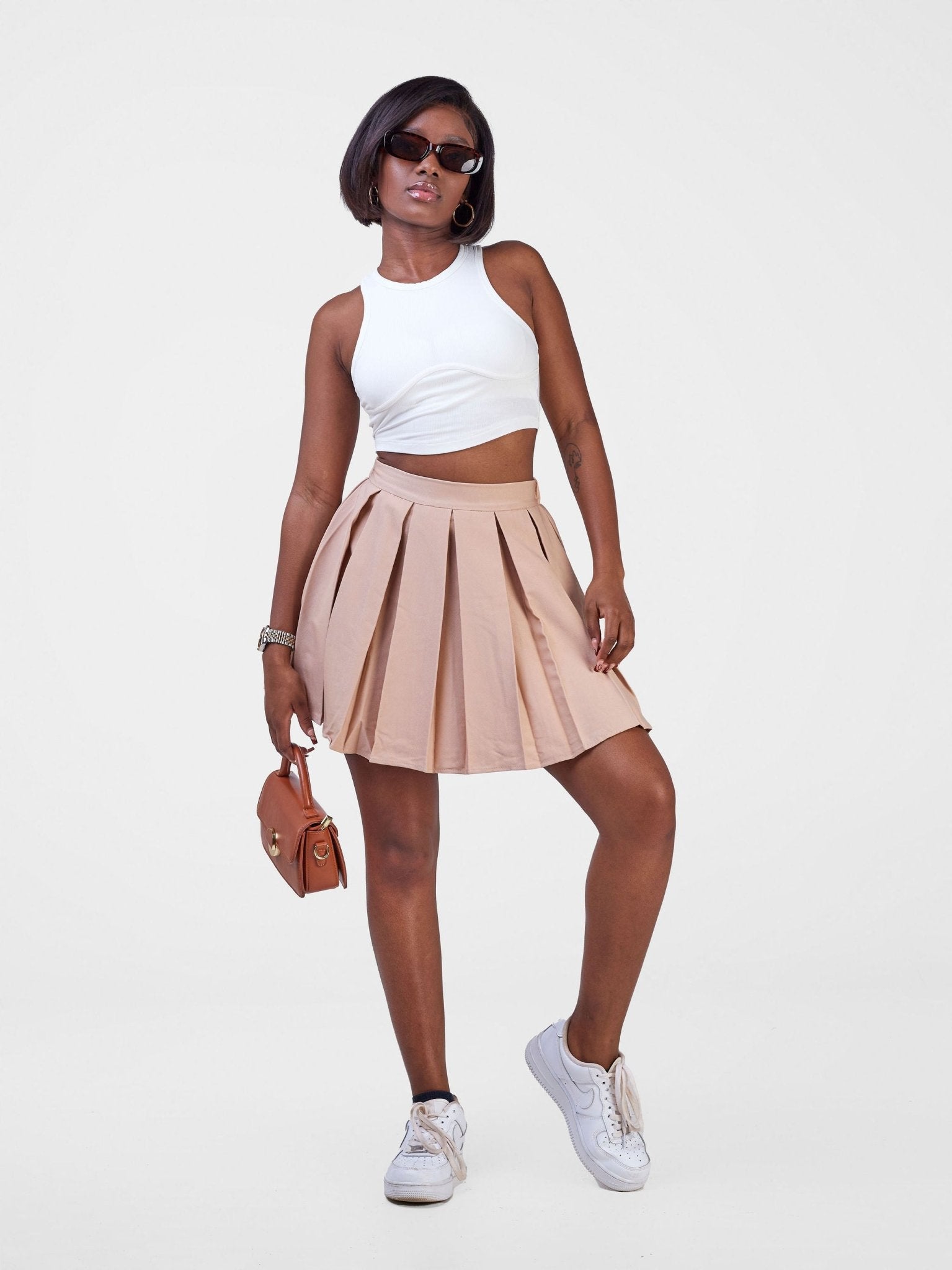 Anika Pleated Highwaist Aline Side Zipper Short Skater Skirt - Beige - Shopzetu