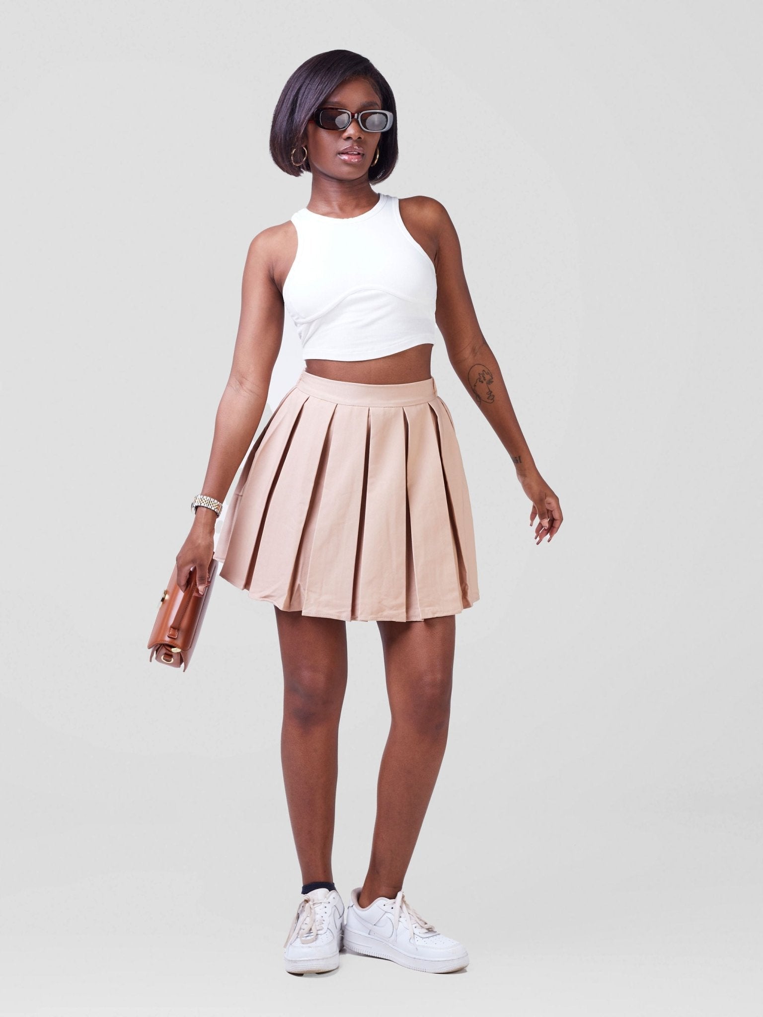 Anika Pleated Highwaist Aline Side Zipper Short Skater Skirt - Beige - Shopzetu