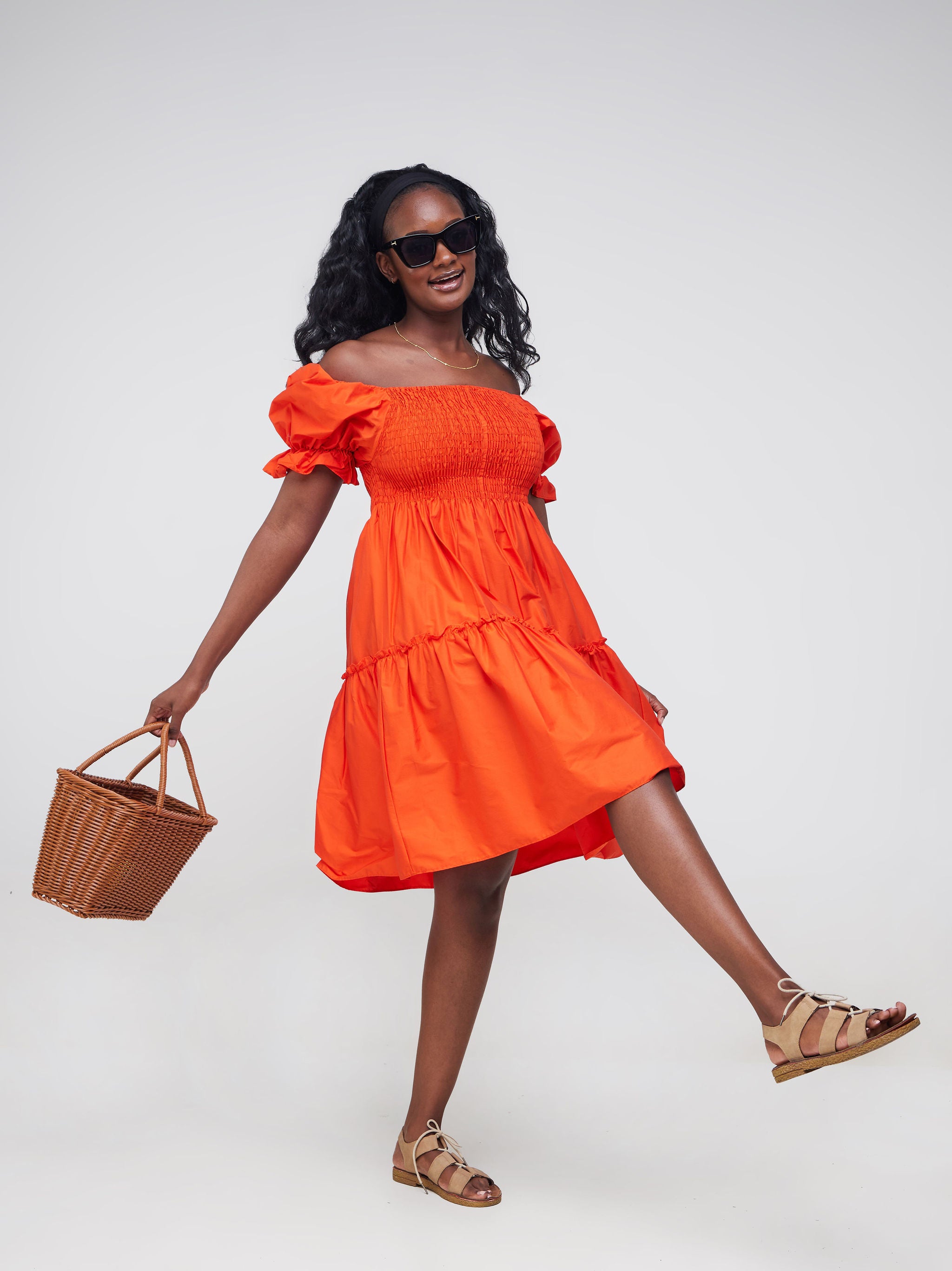 Safari Mara Shirred Bishop Sleeve Dress - Orange