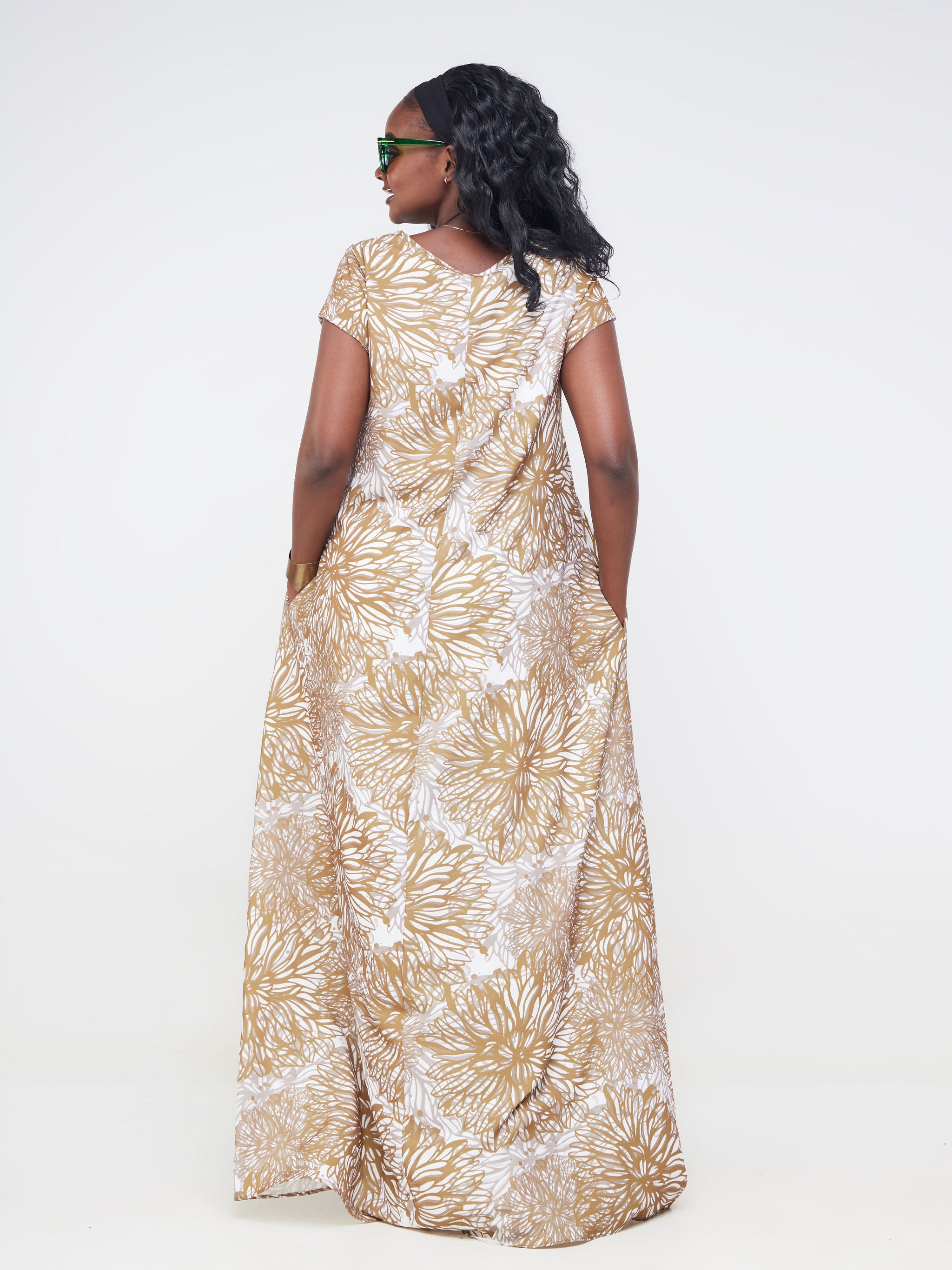 Vivo Basic Cap Sleeved Tent Maxi Dress - Brown Dandelion Floral