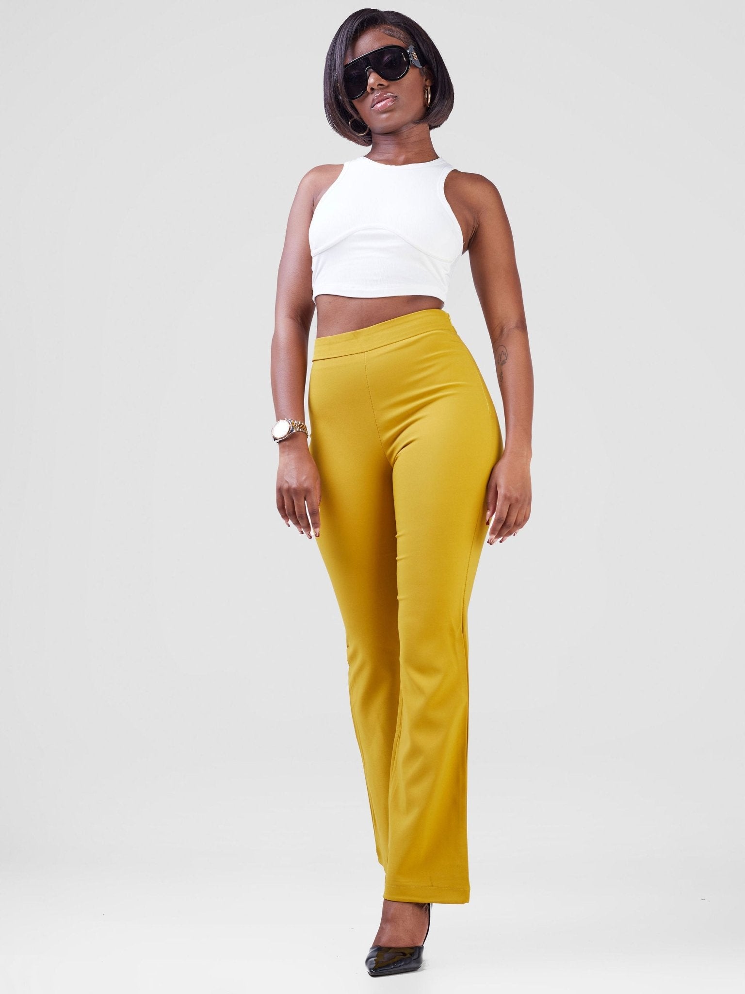 Anika Boot-Cut Dress Pants With Zipper on the Side - Mustard - Shopzetu