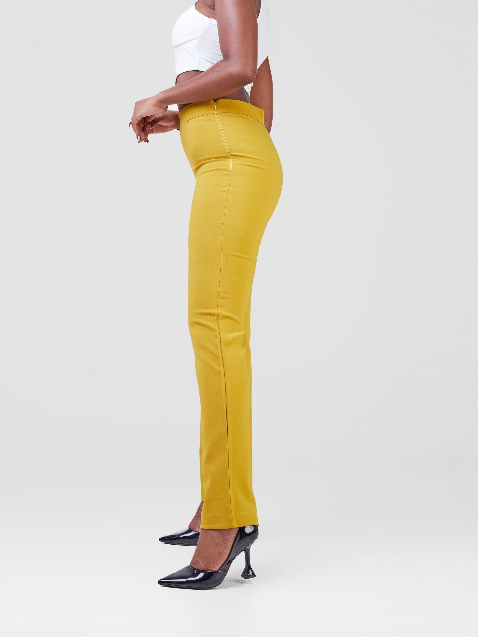 Anika Boot-Cut Dress Pants With Zipper on the Side - Mustard - Shopzetu