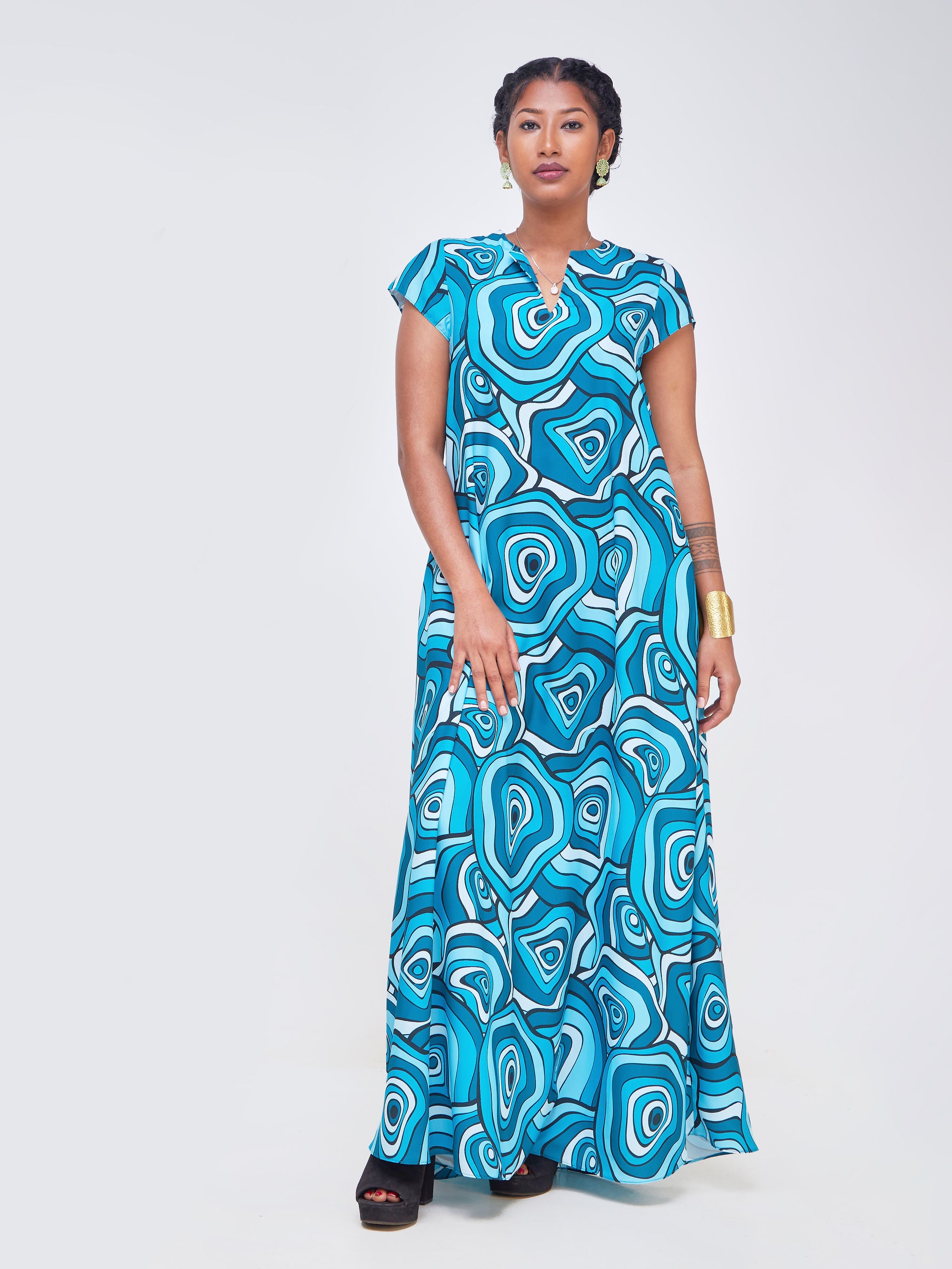 Vivo Zola V Neck Cap Sleeve Maxi - Teal / Black Floral Print