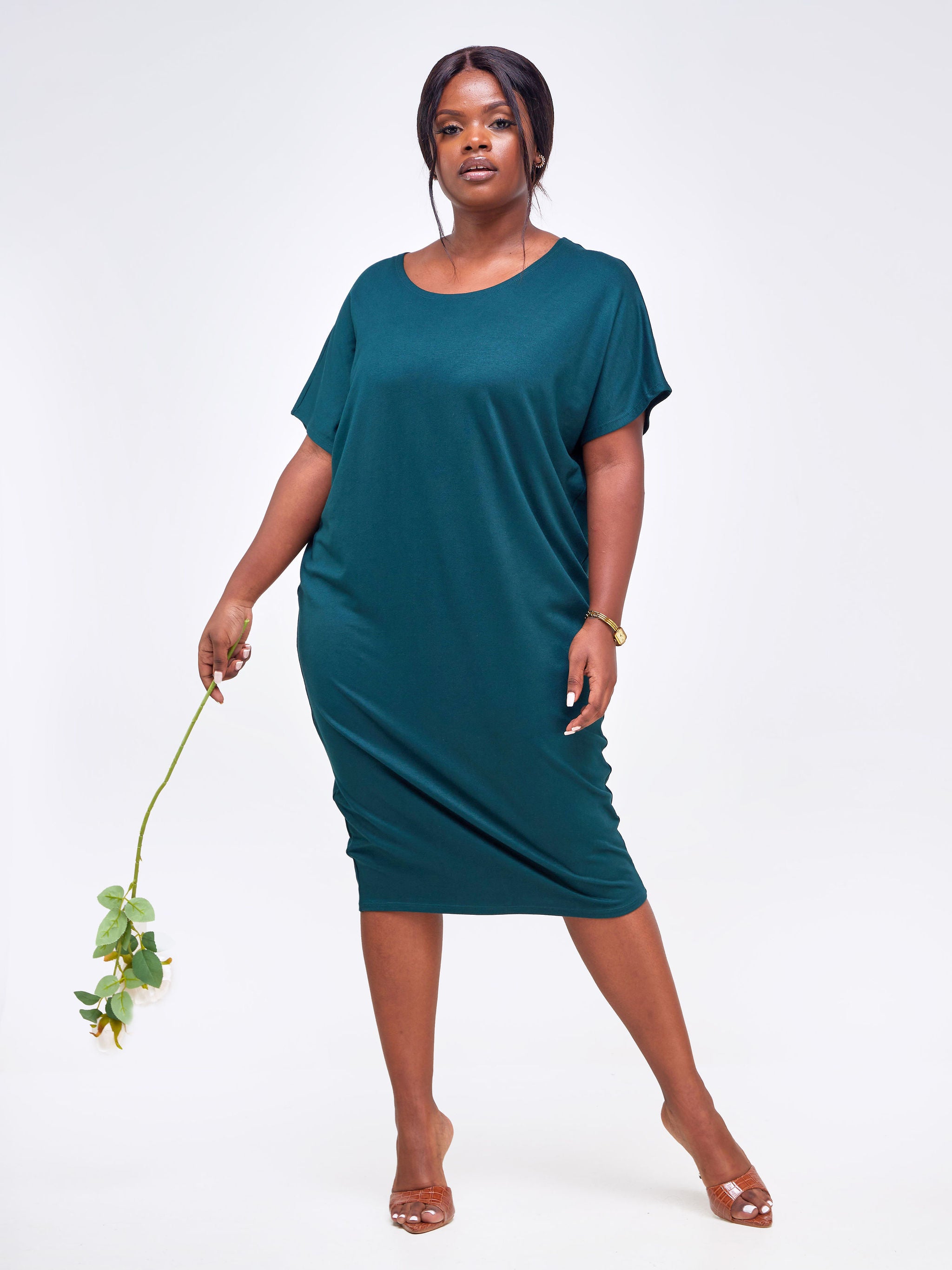 Vivo Basic Drop Shoulder Dolman Dress - Dark Green