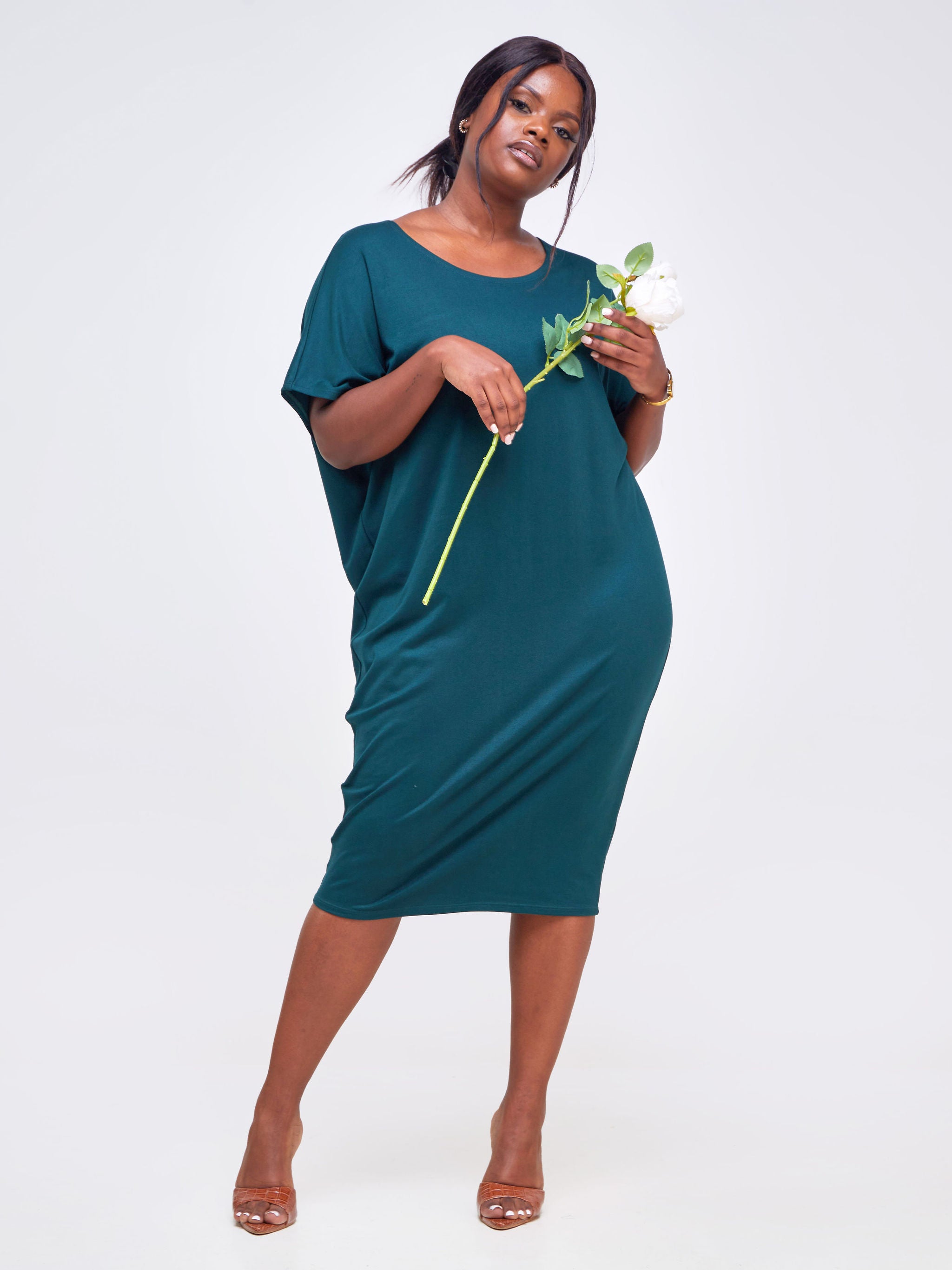 Vivo Basic Drop Shoulder Dolman Dress - Dark Green