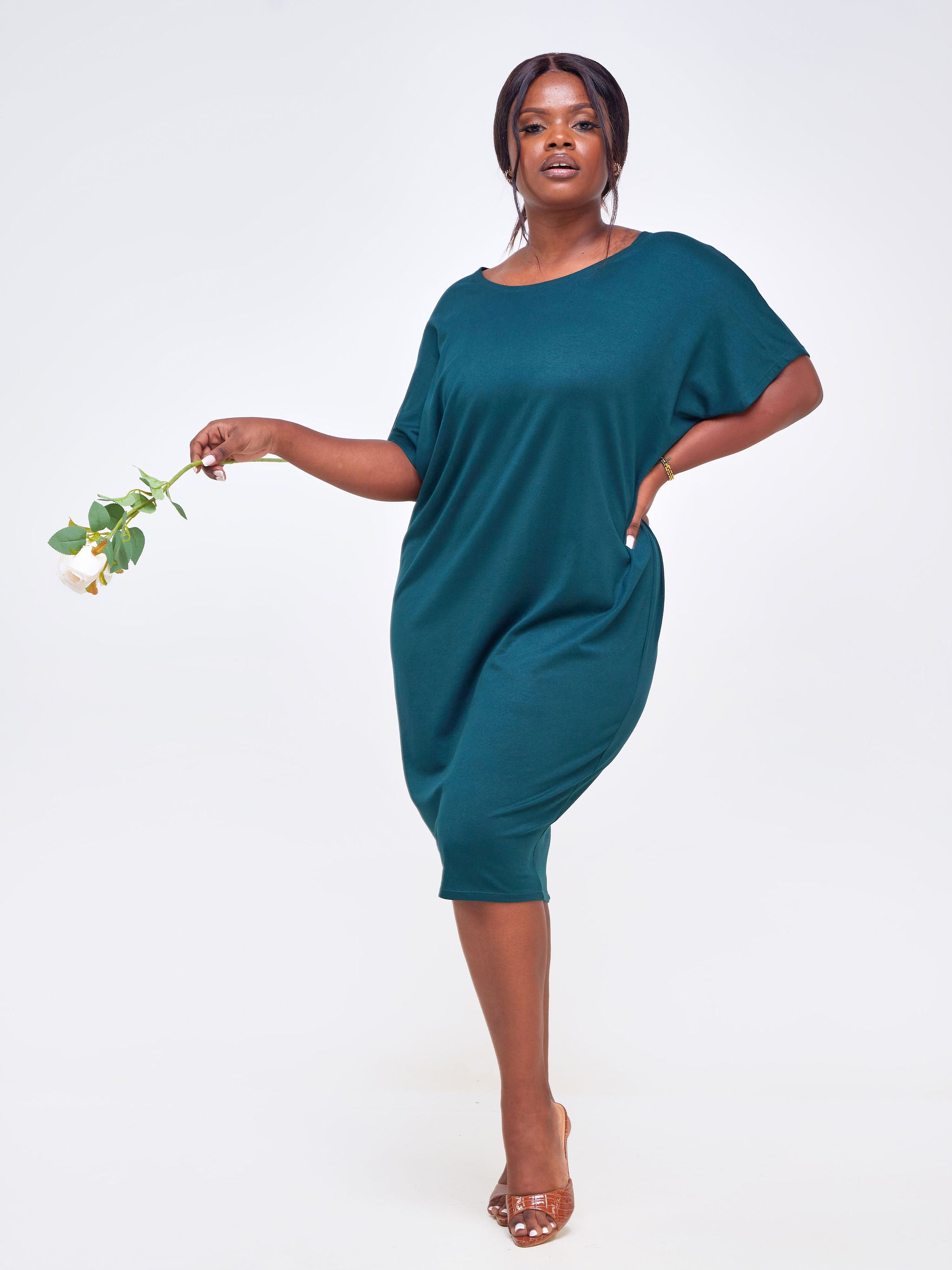 Vivo Basic Drop Shoulder Dolman Dress - Dark Green