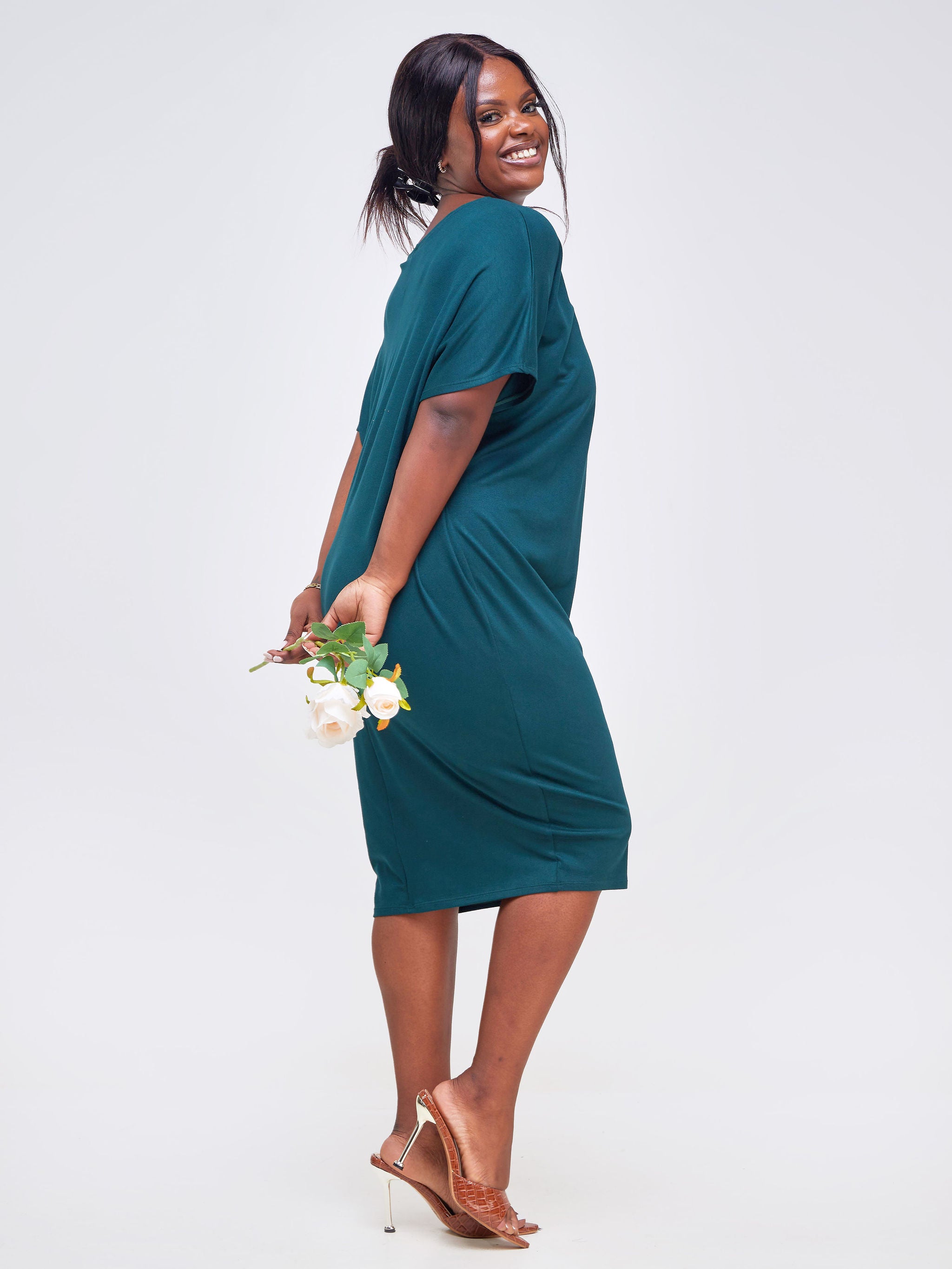 Vivo Basic Drop Shoulder Dolman Dress - Dark Green