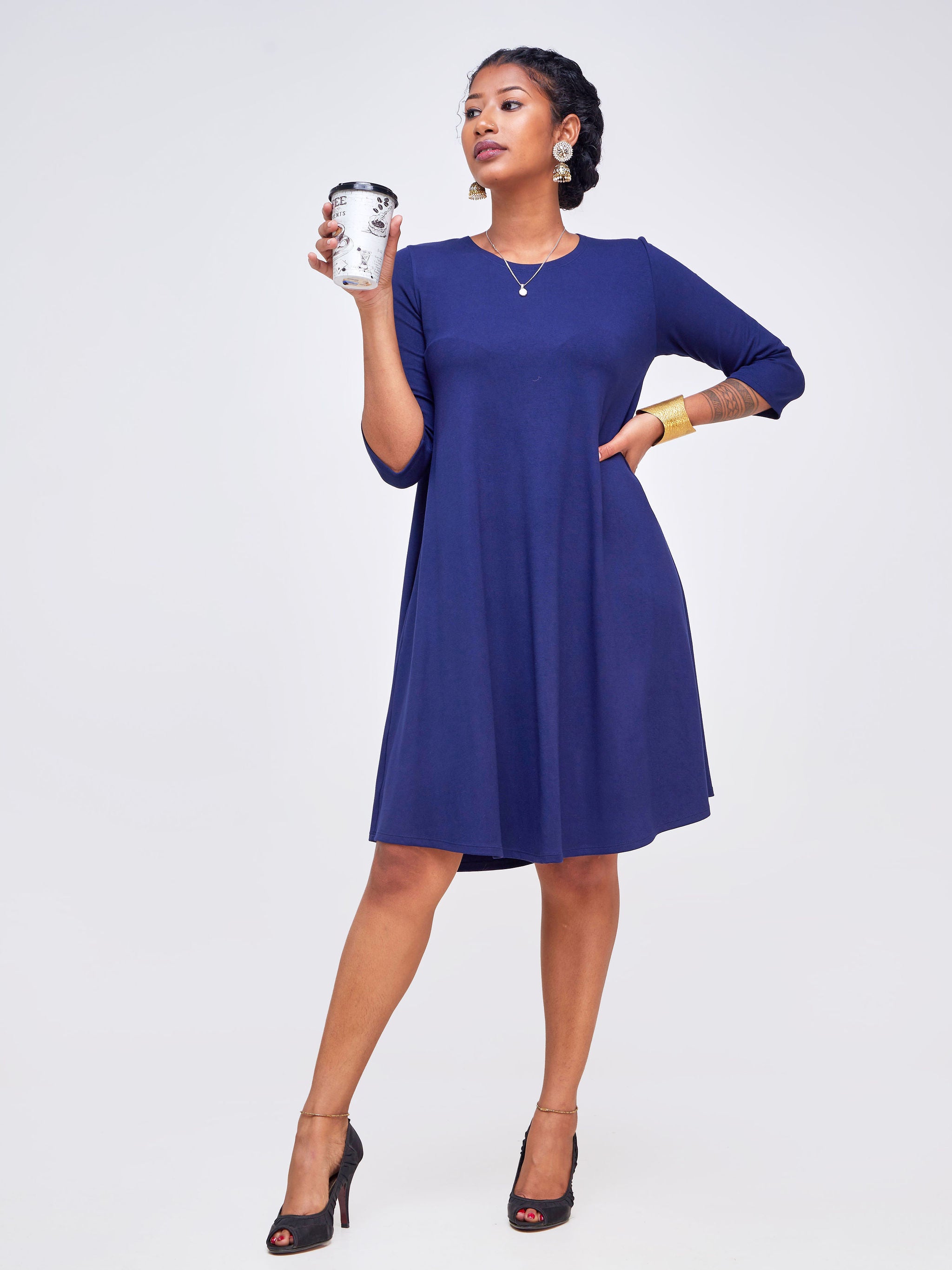 Vivo Basic Julia 3/4 Sleeve  Back Pleat Knee Length Dress - Navy Blue