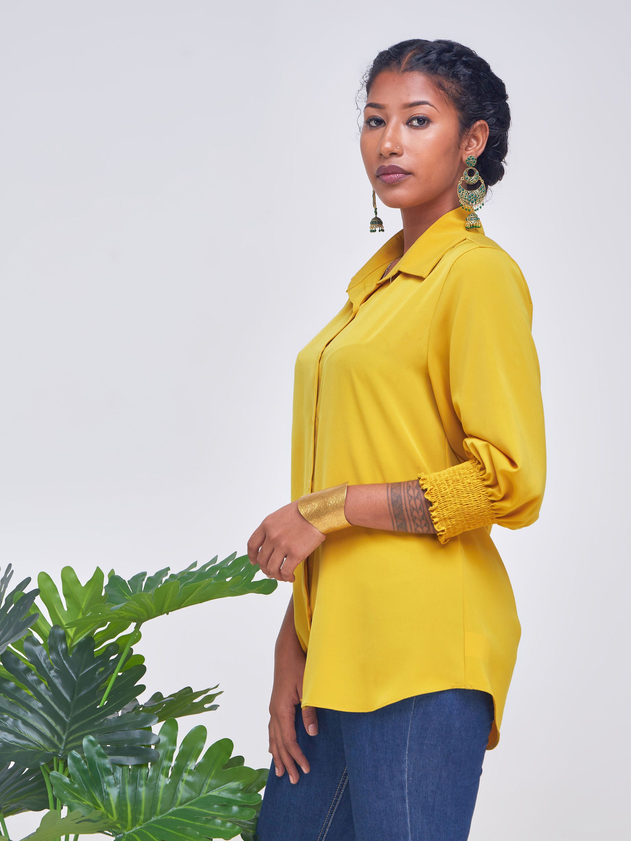 Vivo Fahari 3/4 Sleeve Shirred Shirt - Mustard