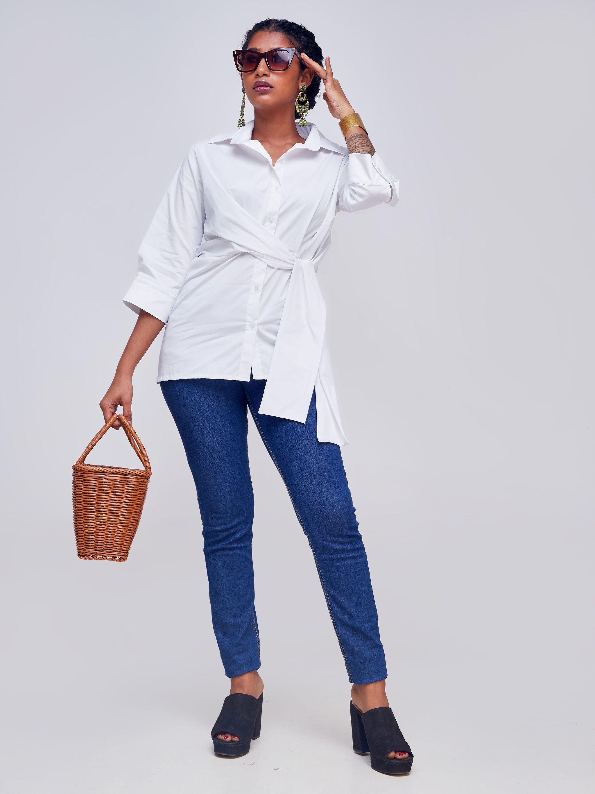 Safari Mali 3/4 Sleeve Tie Shirt - White