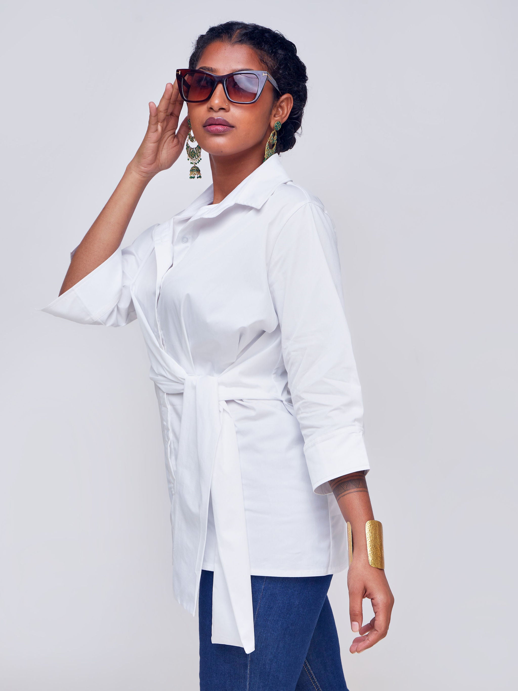 Safari Mali 3/4 Sleeve Tie Shirt - White