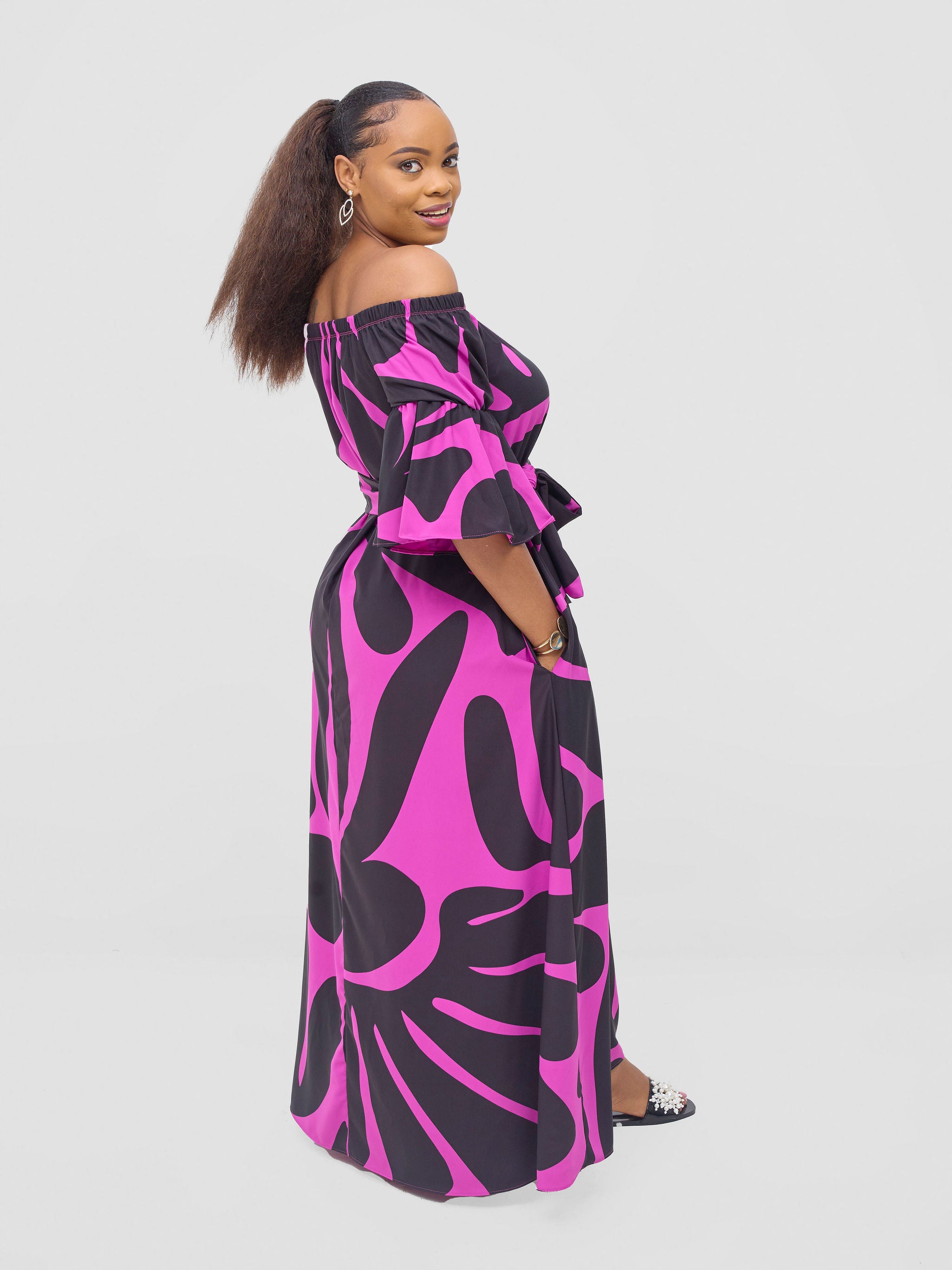 Vivo Tana Off Shoulder Maxi Dress - Magenta / Black Amari Print