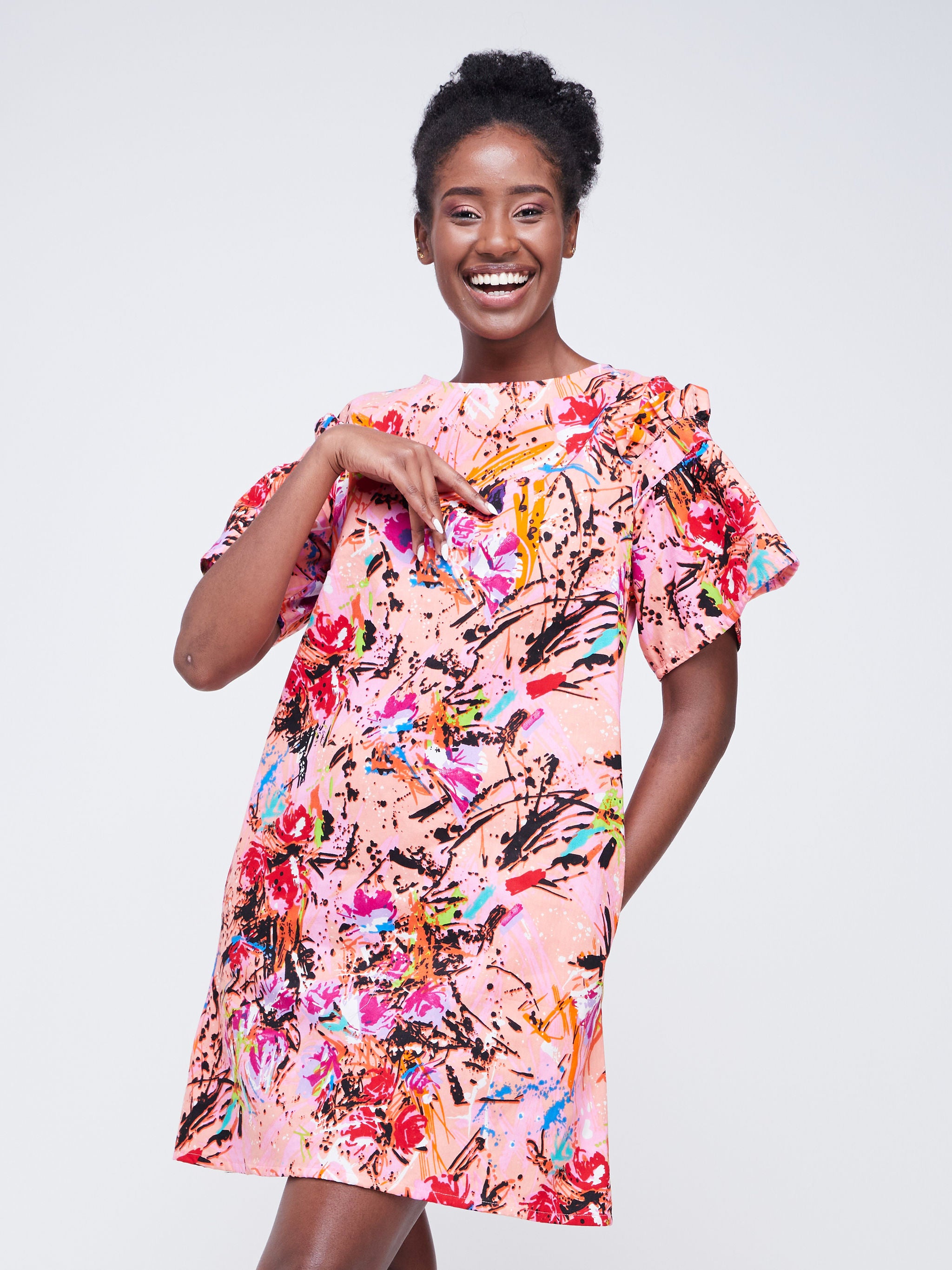 Nimali Ruffle Sleeve Short Dress - Pink / Orange Ankara Print