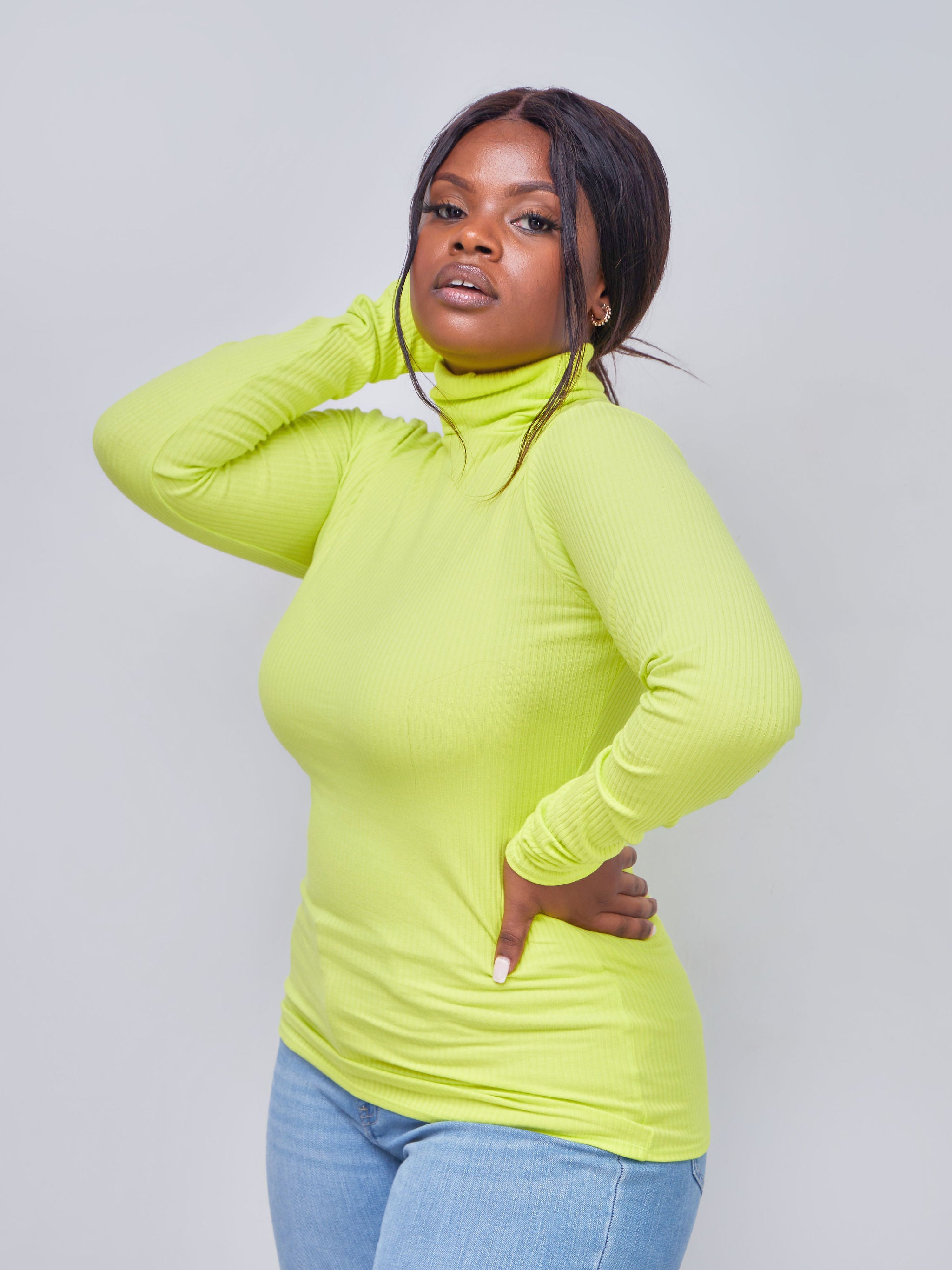 Vivo Basic Ribbed Turtleneck Top - Lime Green