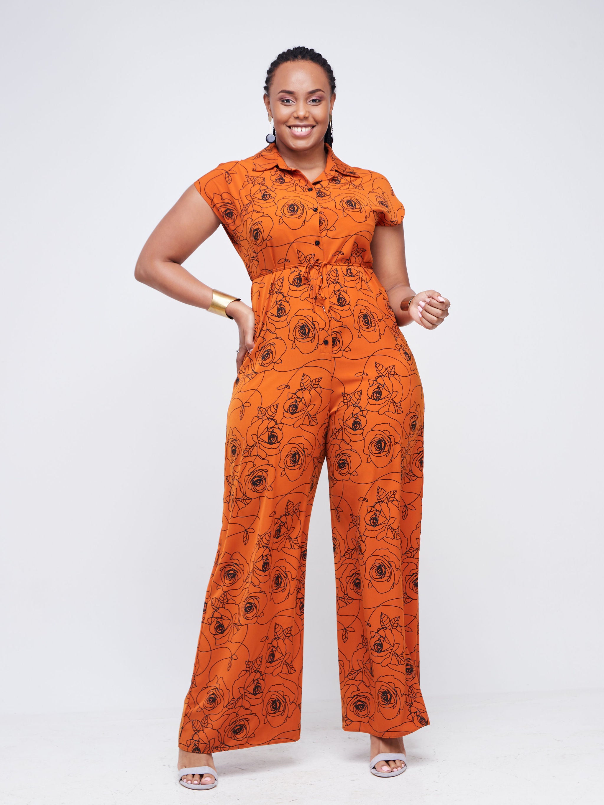 Vivo Dali Drop Shoulder Jumpsuit - Rust / Black Rose Abstract Print