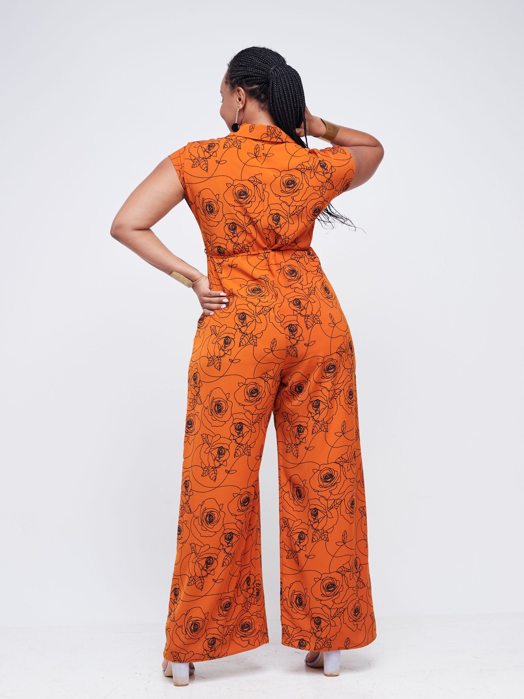 Vivo Dali Drop Shoulder Jumpsuit - Rust / Black Rose Abstract Print