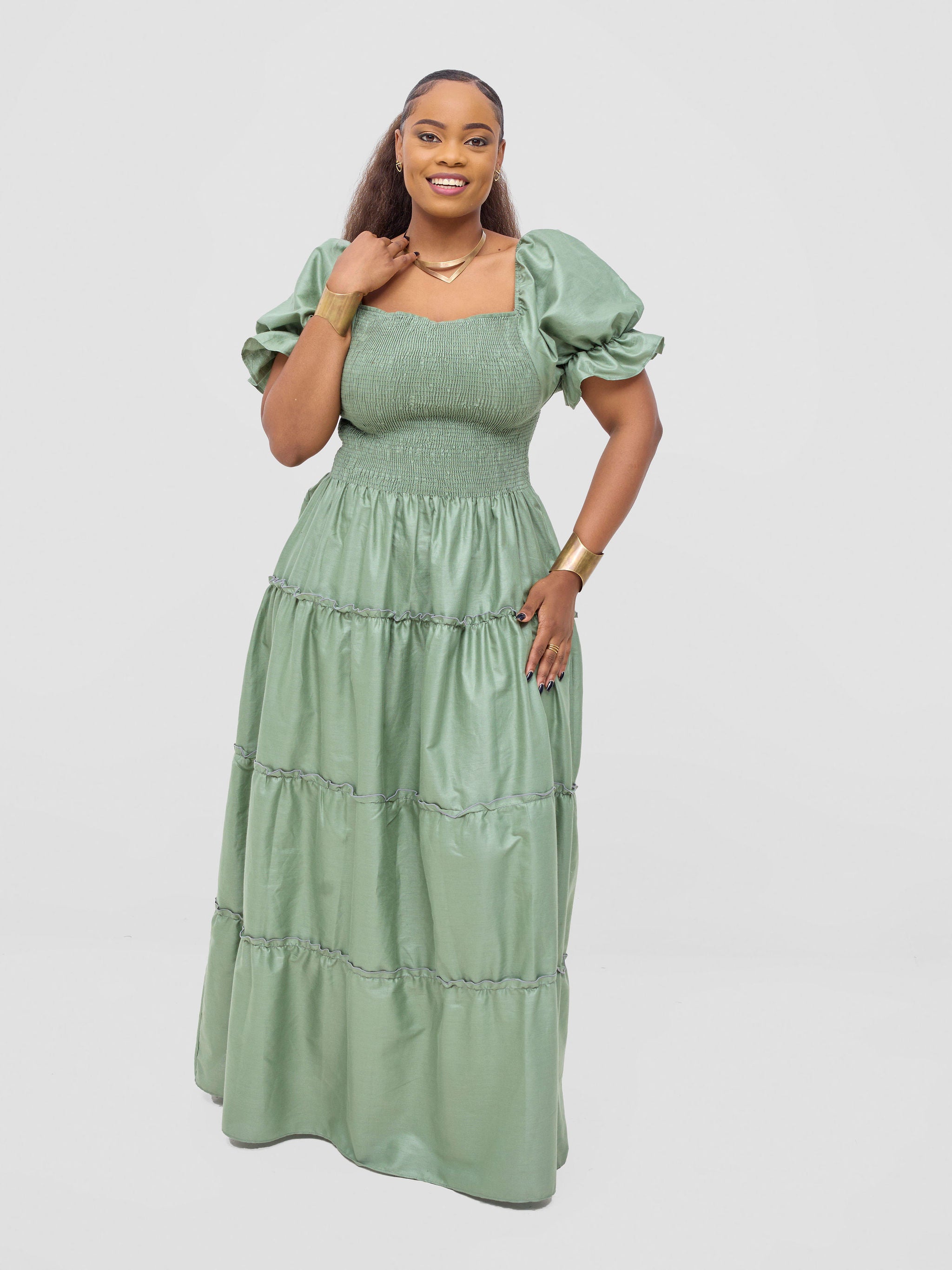 Safari Kikoy Shirred Top Maxi Dress - Light Green