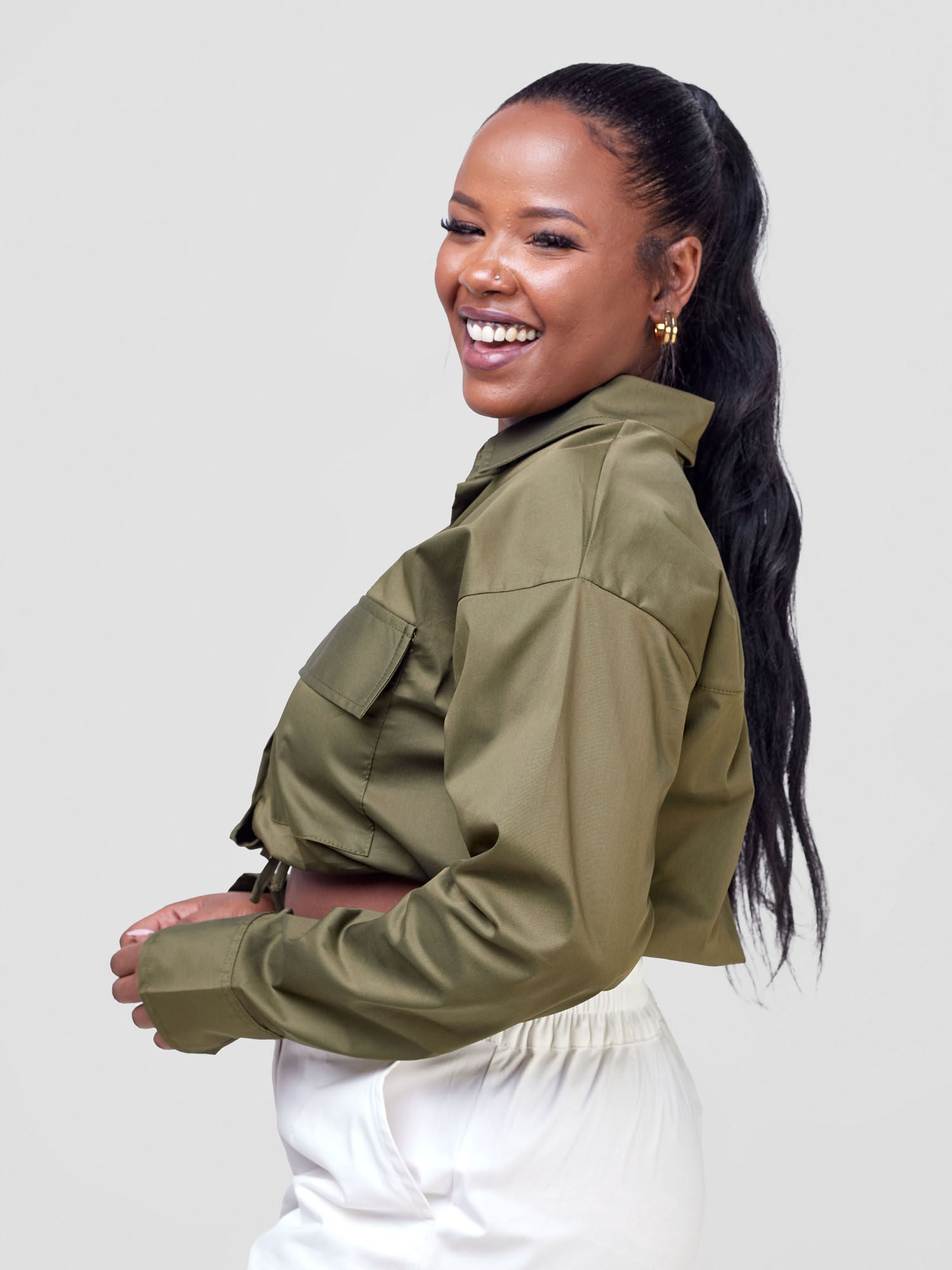 Safari Kamari Long Sleeve Drawstring Shacket - Hunters Green