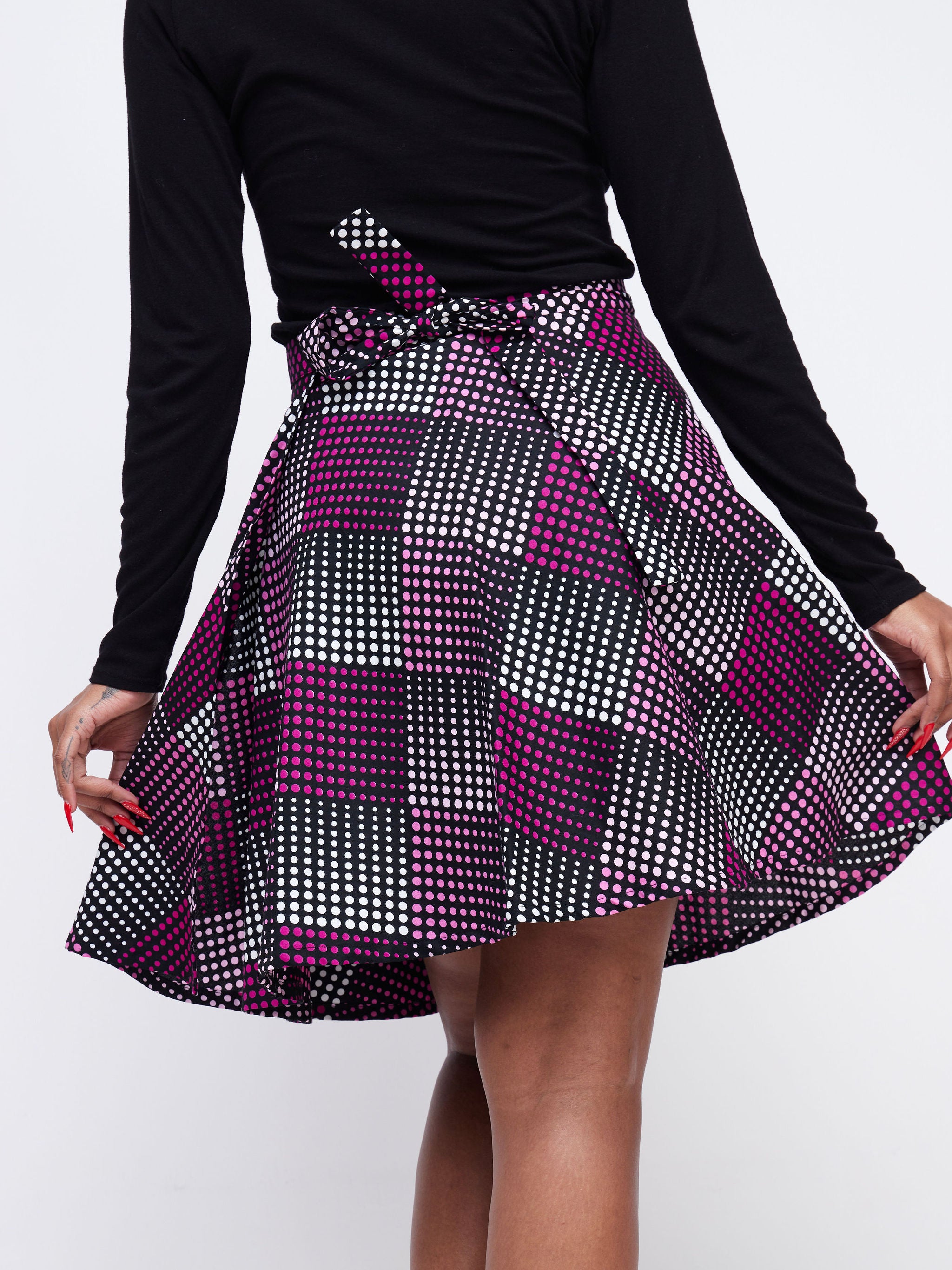 Nimali Mini A-Line Skirt - Pink / Black Polka Ankara