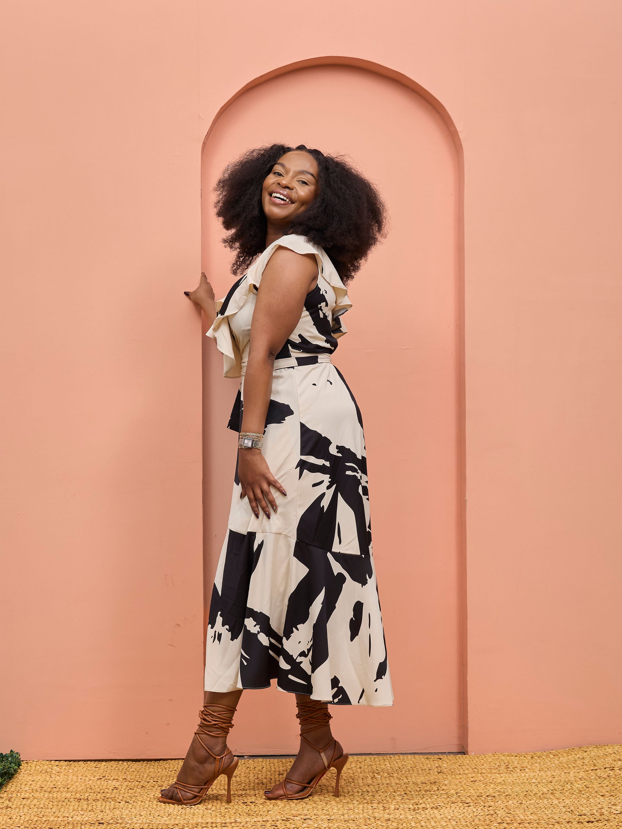 Vivo Beali Wrap Asymmetrical Midi Dress - Buttermilk / Black Lea Print