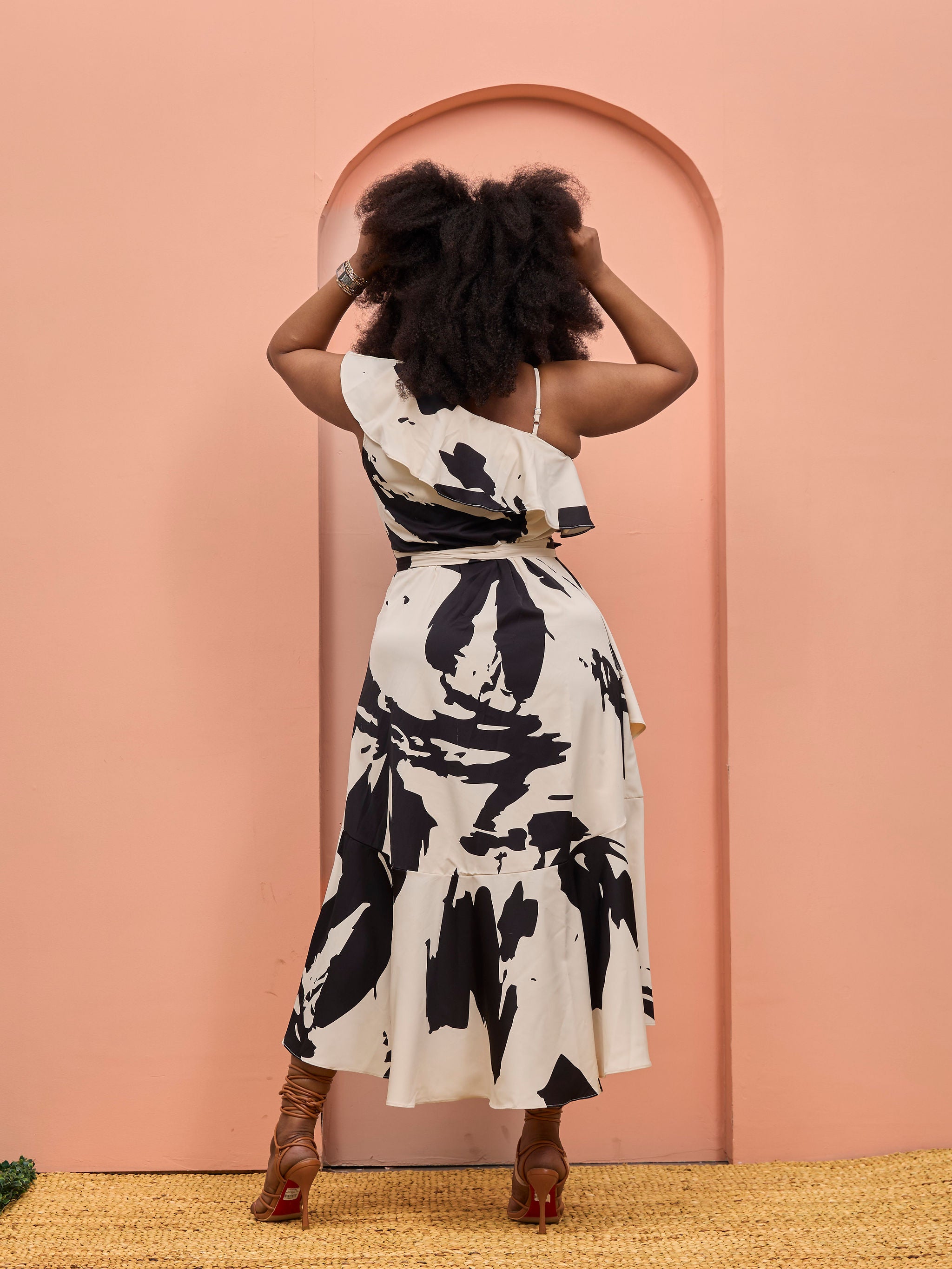 Vivo Beali Wrap Asymmetrical Midi Dress - Buttermilk / Black Lea Print