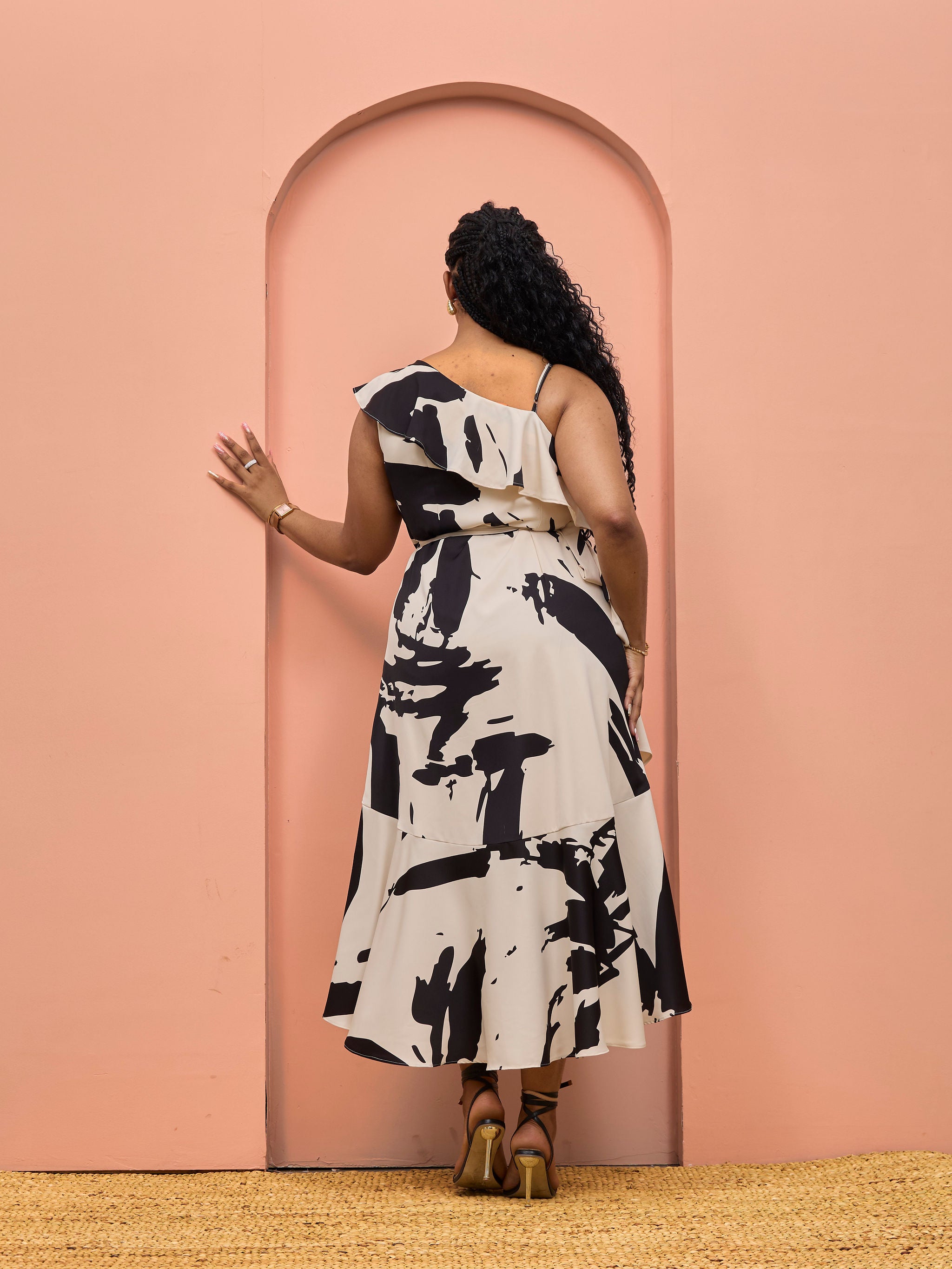 Vivo Beali Wrap Asymmetrical Midi Dress - Buttermilk / Black Lea Print