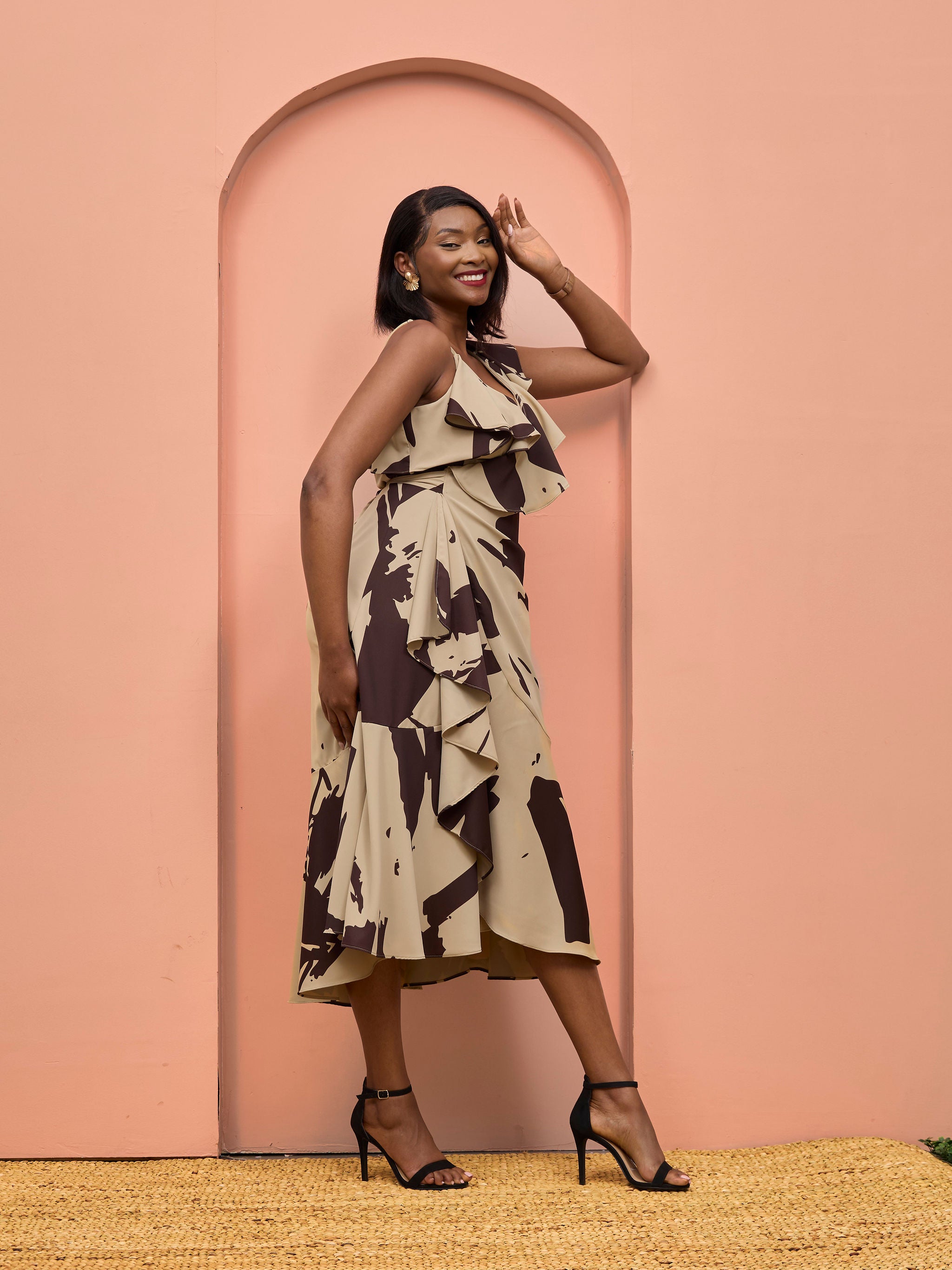 Vivo Beali Wrap Asymmetrical Midi Dress - Taupe / Chocolate Lea Print