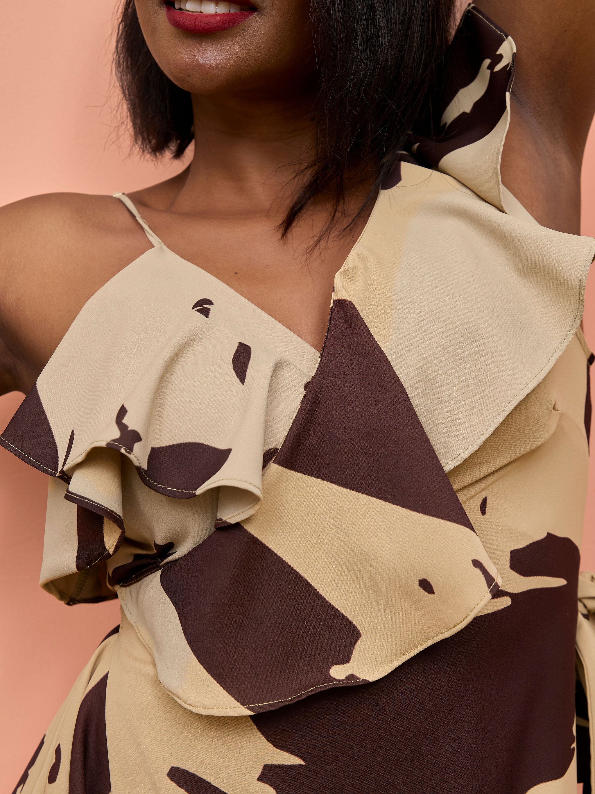 Vivo Beali Wrap Asymmetrical Midi Dress - Taupe / Chocolate Lea Print