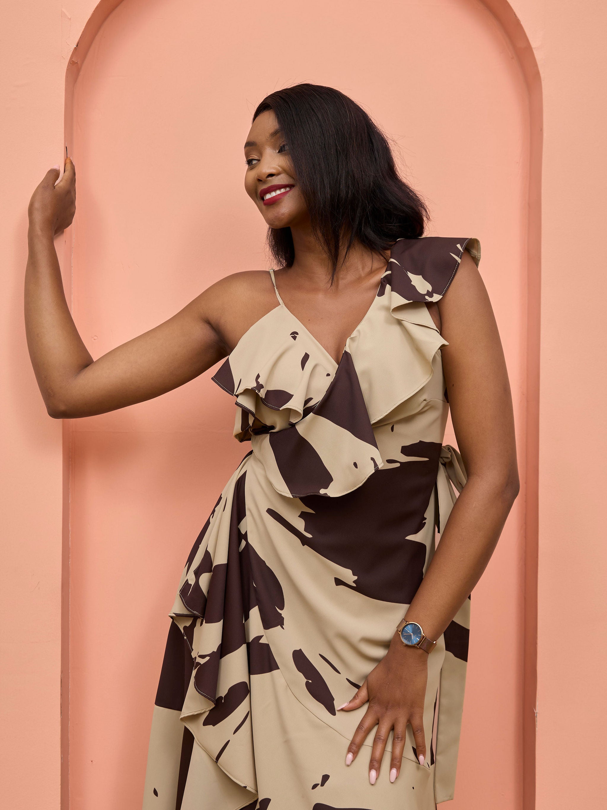 Vivo Beali Wrap Asymmetrical Midi Dress - Taupe / Chocolate Lea Print