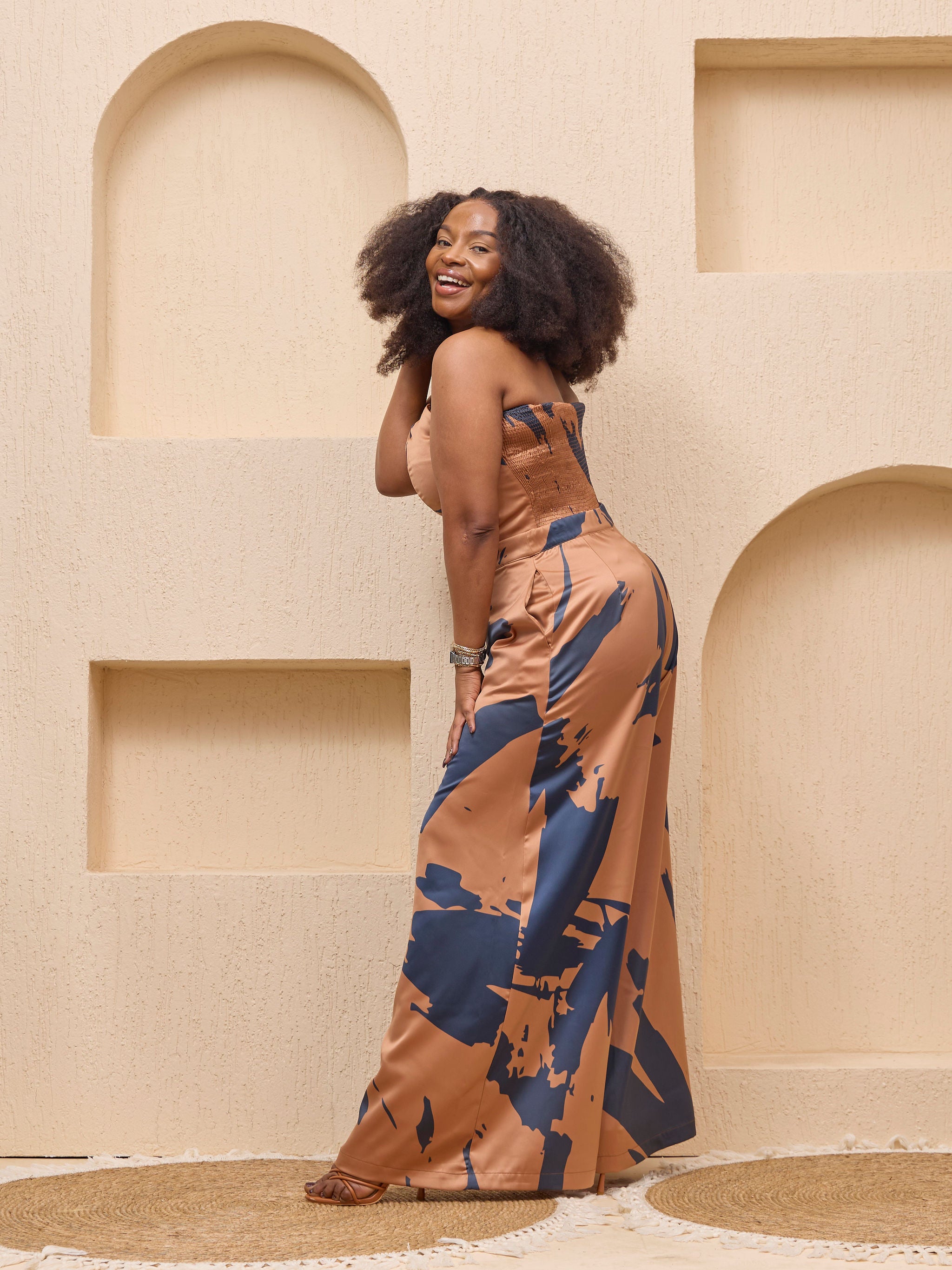 Vivo Beali Wide Leg Pants - Tan / Navy Lea Print