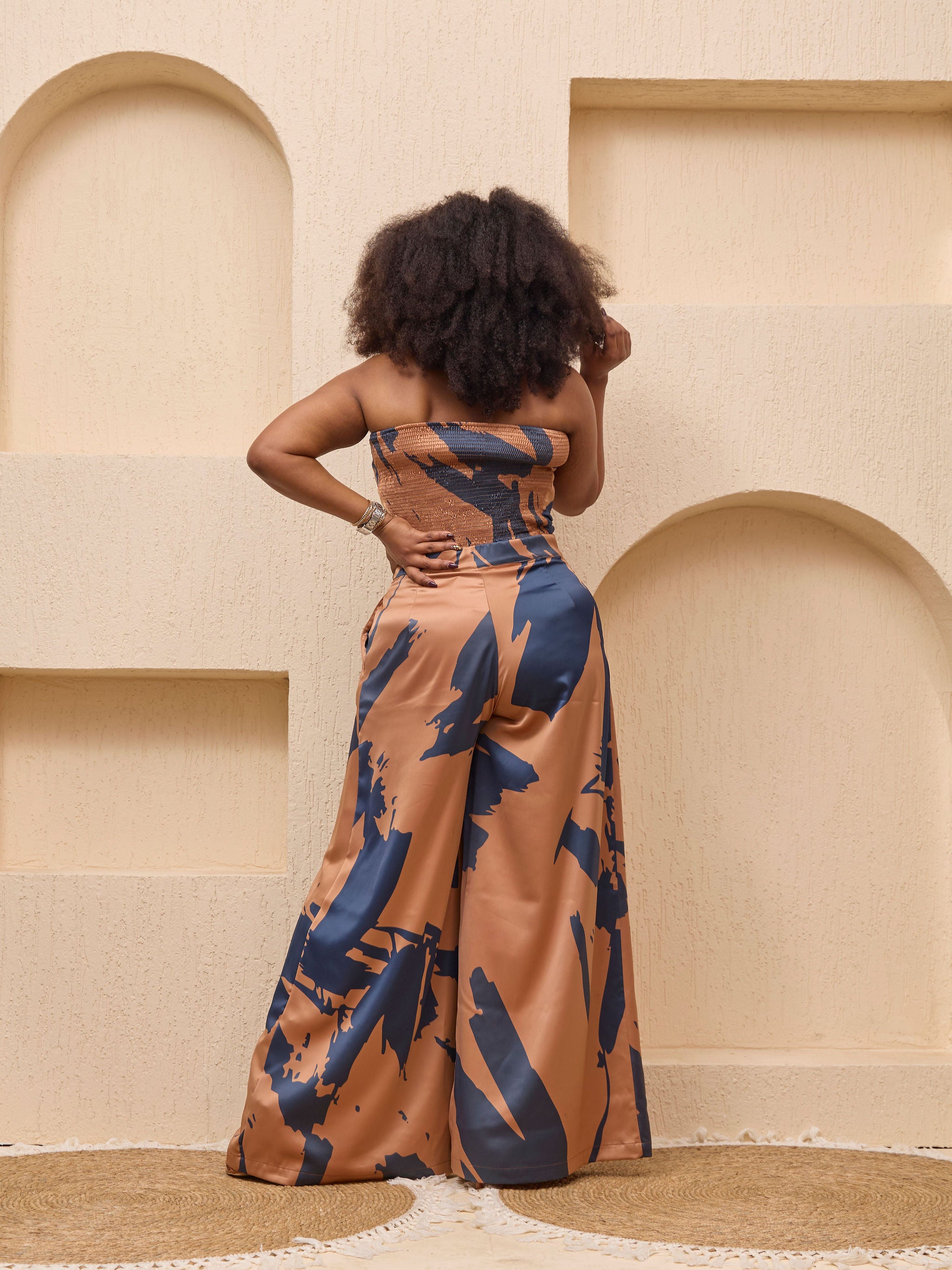 Vivo Beali Wide Leg Pants - Tan / Navy Lea Print