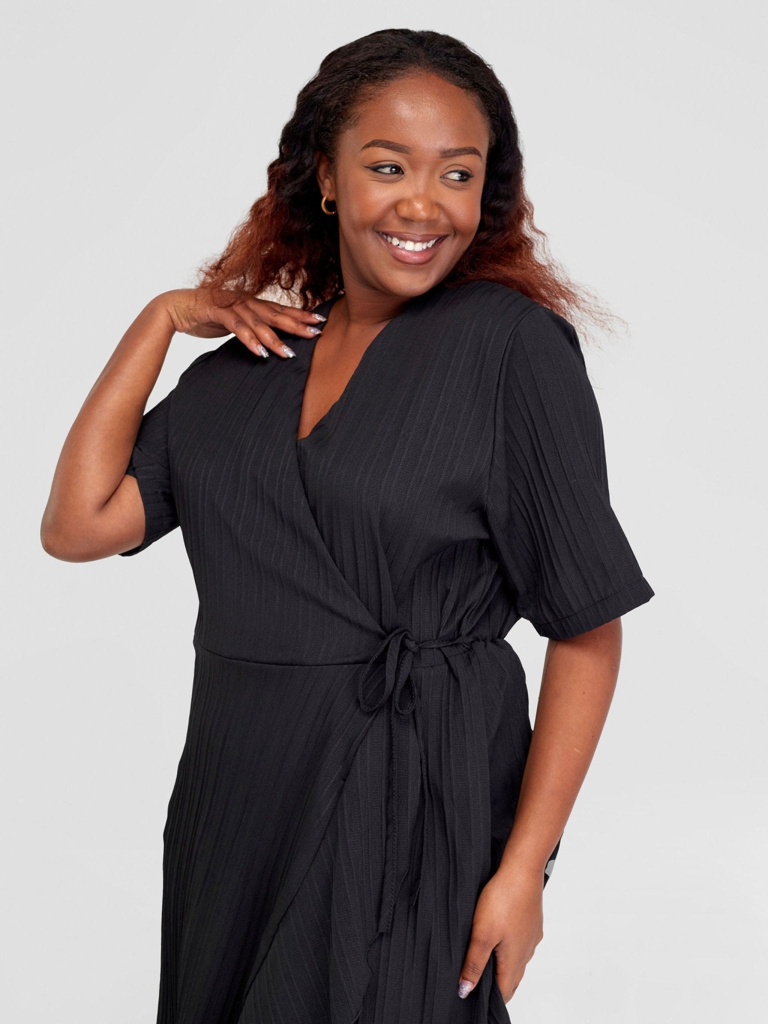 Alara Ruffle Trim Tie Side Wrap Dress - Black - Shopzetu