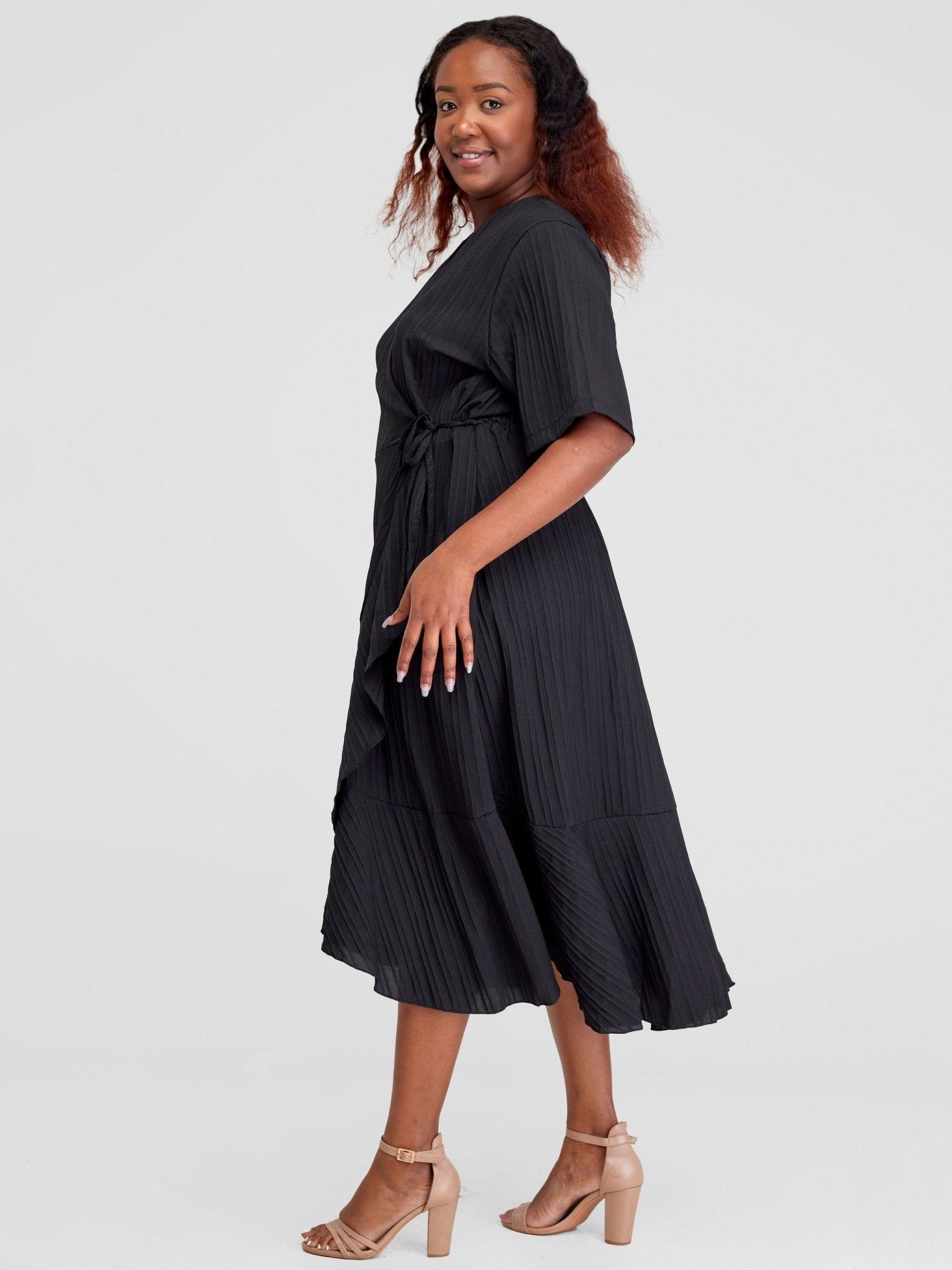 Alara Ruffle Trim Tie Side Wrap Dress - Black - Shopzetu
