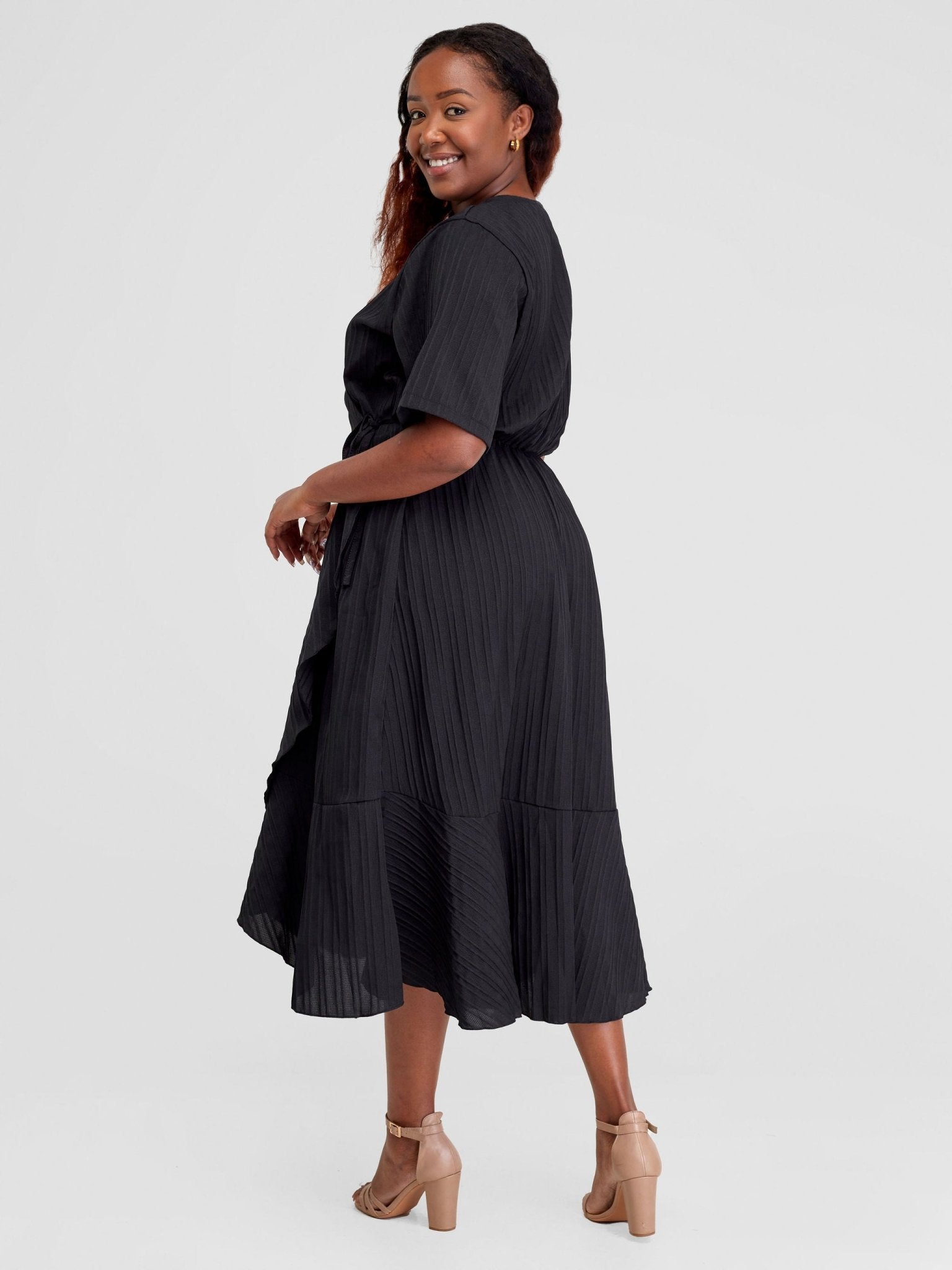 Alara Ruffle Trim Tie Side Wrap Dress - Black - Shopzetu